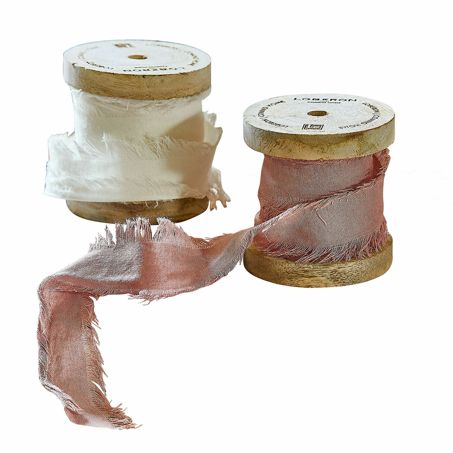 Lint set van 2 Valethor Houten spoelen met wit en roze katoenen lint voor decoratie en handwerk
