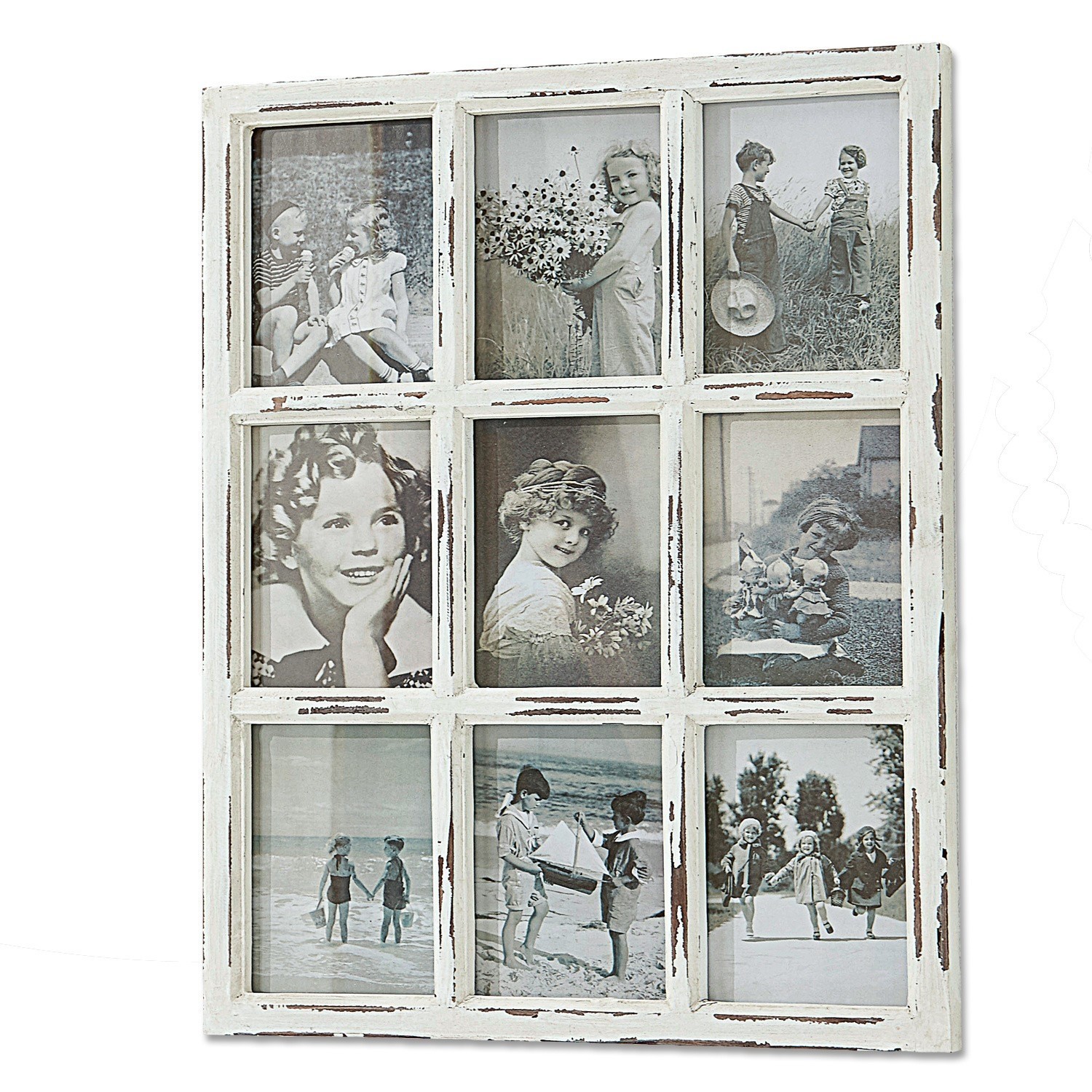 Cadre-photos Vira Cadre photo rustique en bois blanc avec neuf photos noir et blanc d'enfants vintage