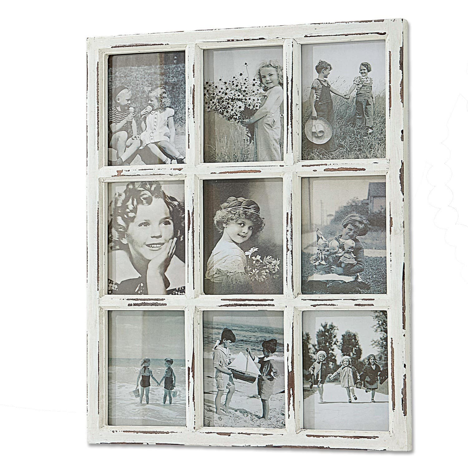 Cadre-photos Vira Cadre photo rustique en bois blanc avec neuf photos noir et blanc d'enfants vintage
