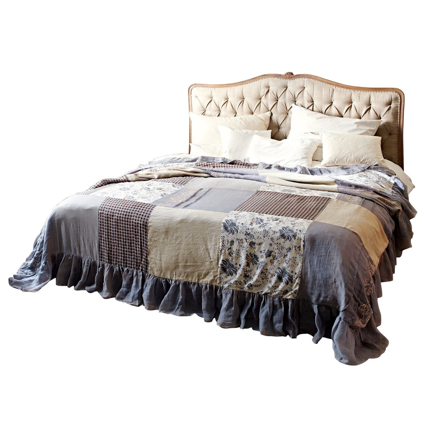 Bed Declaire Bed met beige gestoffeerd hoofdeinde en patchwork sprei in grijs- en beigetinten