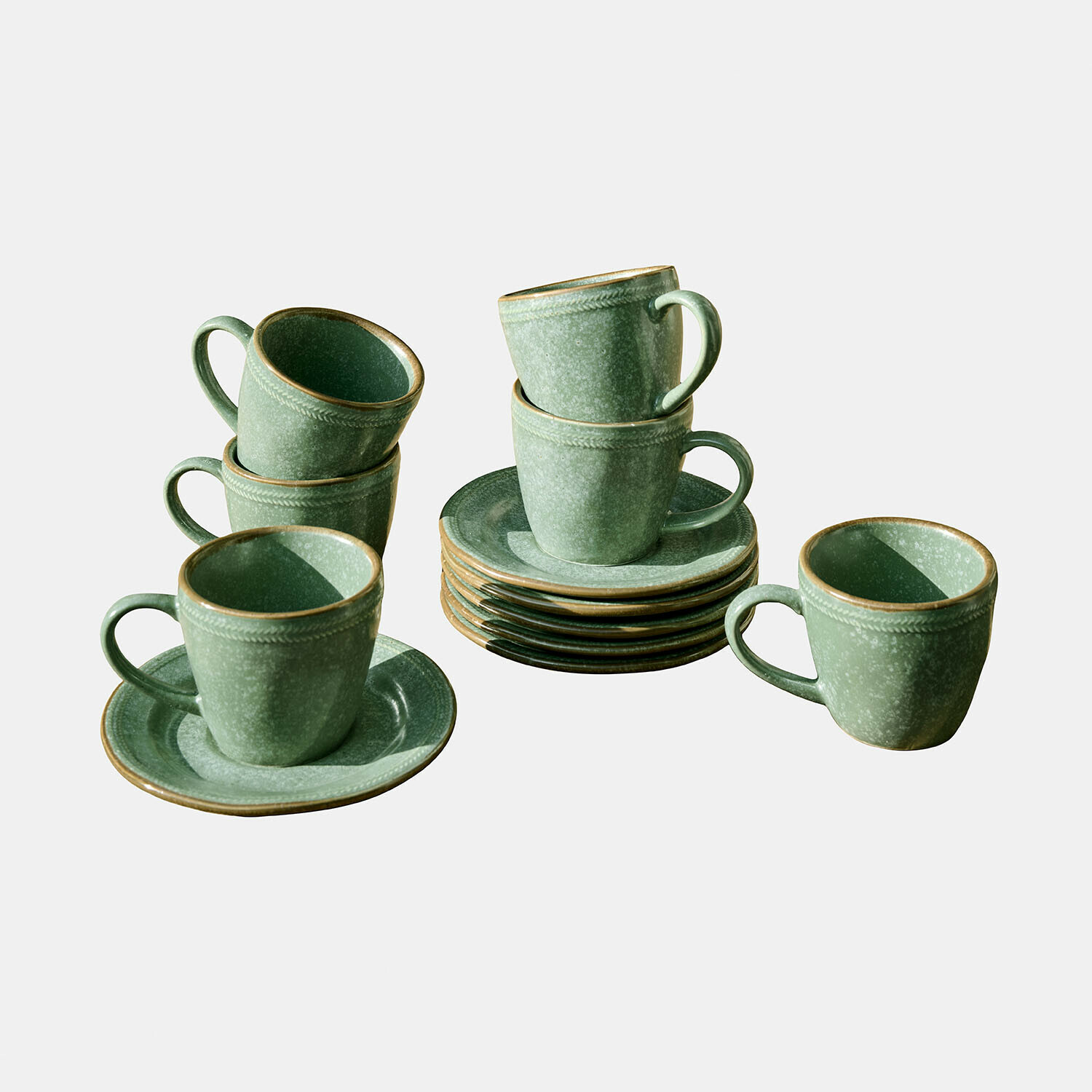 Set van 6 groene keramische kopjes met schotels Norrvik voor koffie en thee