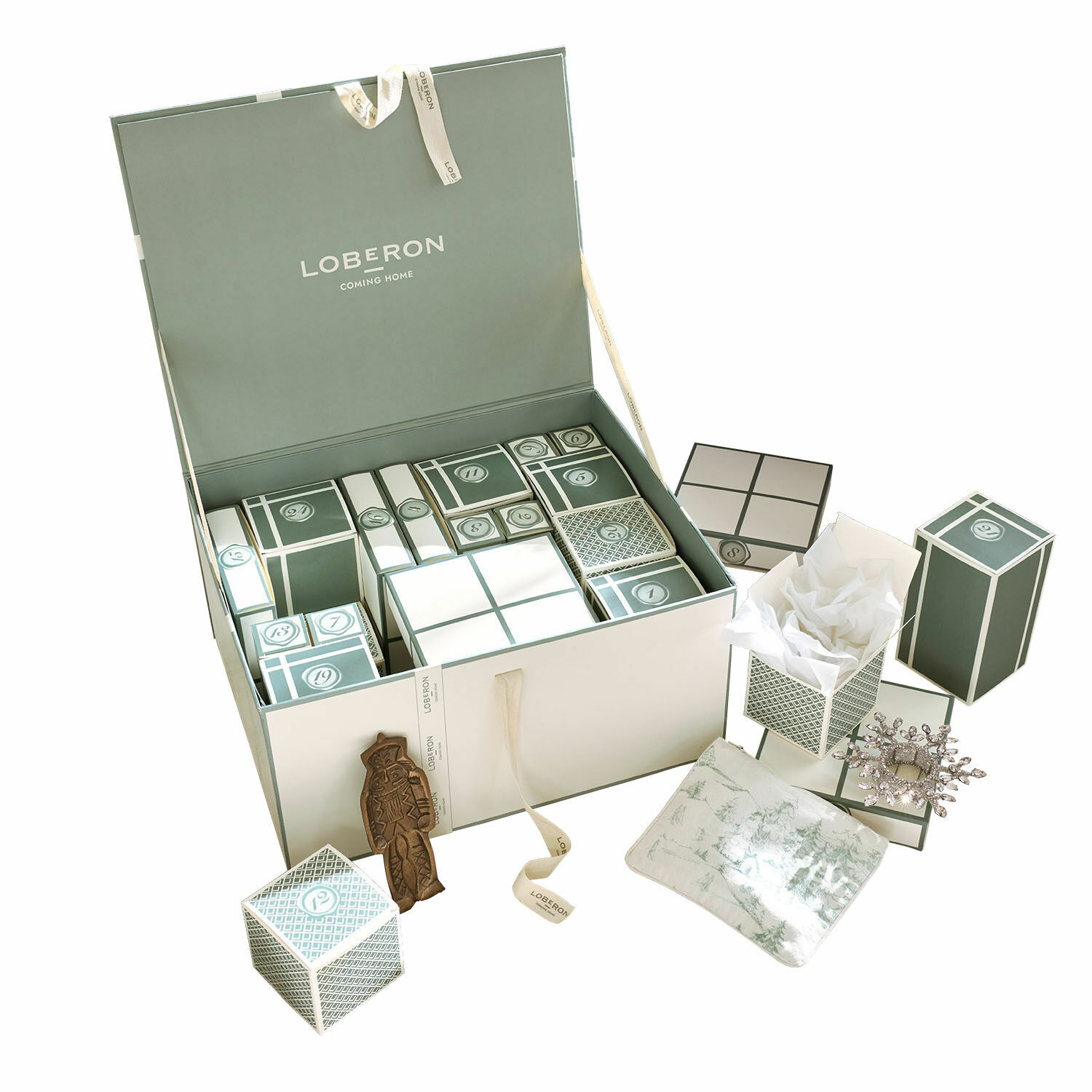Adventskalender Calavira Adventskalender set met groene en witte doosjes en feestelijke kerstdecoraties als cadeau