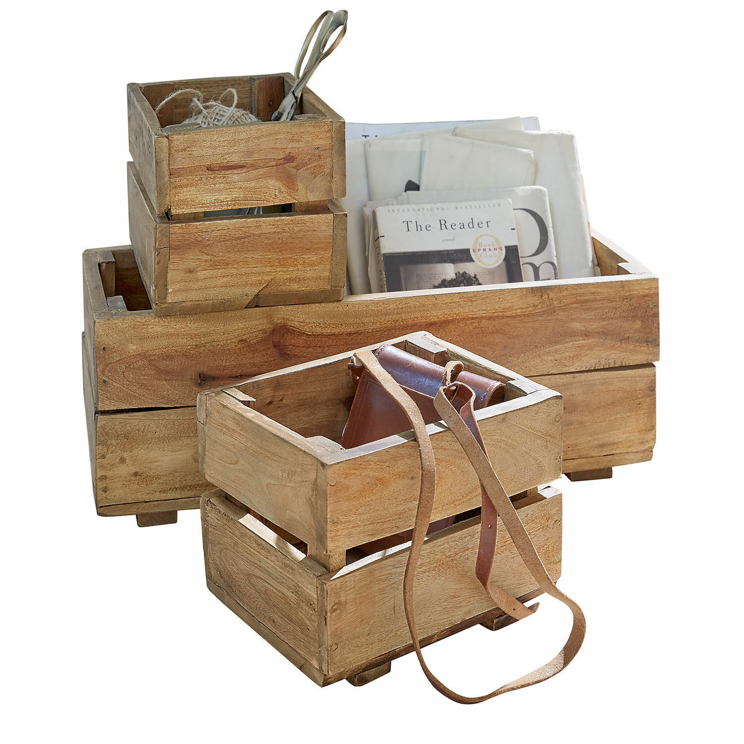 Lot de 3 boîtes Madina Ensemble de caisses en bois naturel avec sangle en cuir et livres pour rangement décoratif