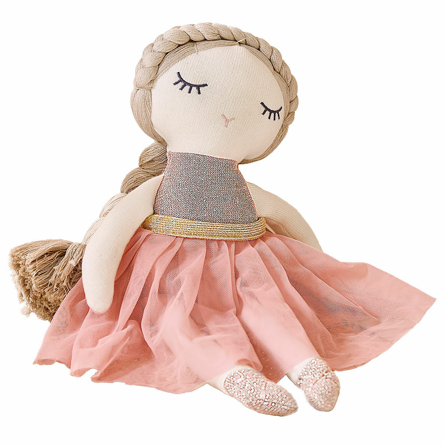 Poupée en tissu Pebblino Poupée en tissu douce avec robe en tulle rose et ceinture dorée, jouet décoratif pour enfants