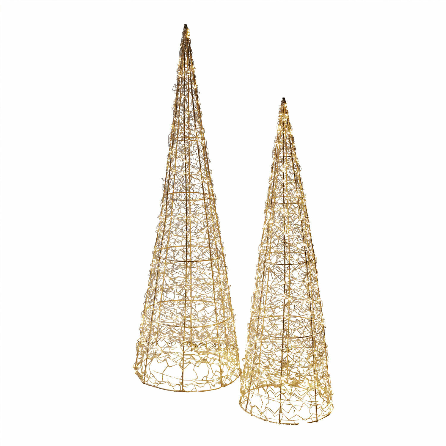 Ledboom set van 2 Oakworth Twee kegelvormige decoraties van gouden metalen draad met LED-lichtjes, feestelijke kerstversiering