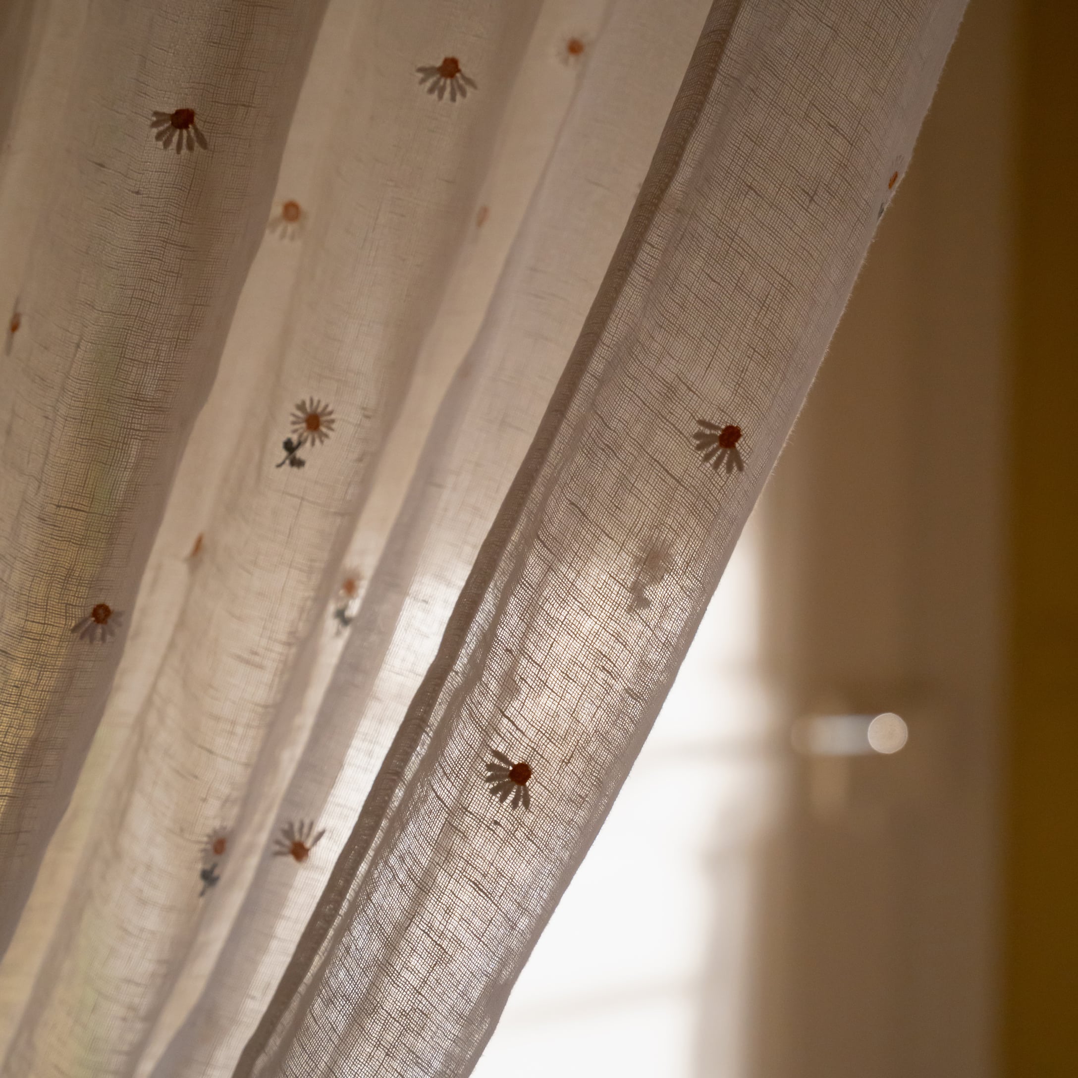 Voilage blanc transparent avec broderies de marguerites, tissu léger pour décoration de fenêtre