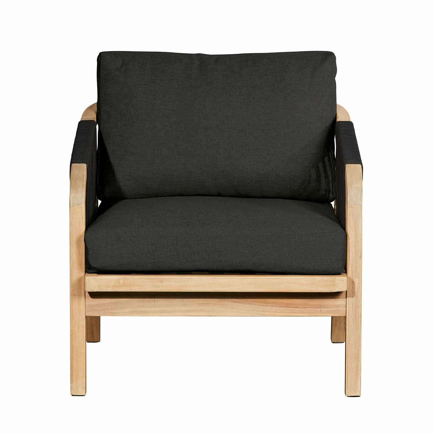 Fauteuil Shreveport en bois FSC brun avec coussins anthracite, siège confortable pour salon moderne