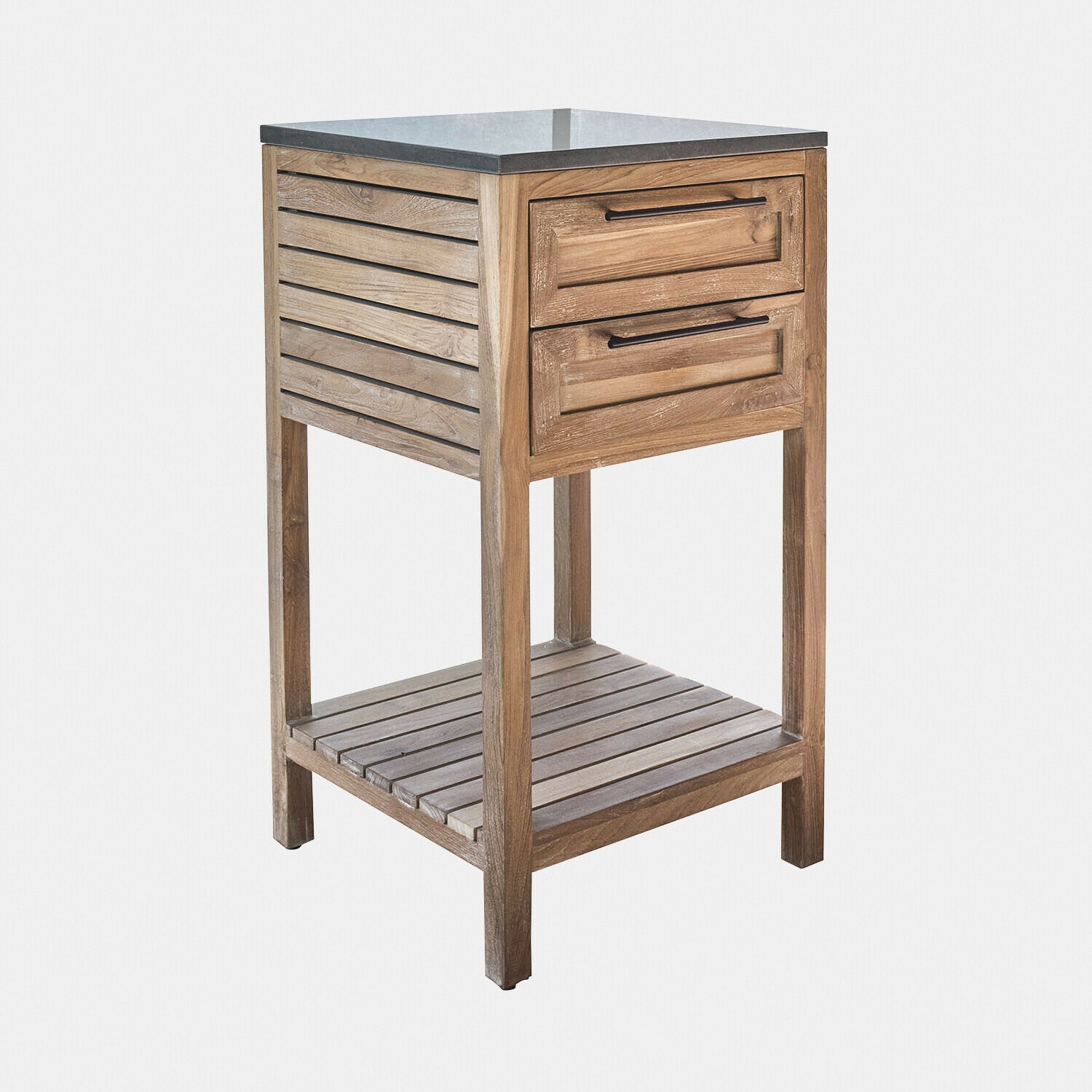 Meuble de cuisine d’extérieur Corviano Meuble en bois avec deux tiroirs et étagère inférieure, plateau en pierre sombre, rangement pratique