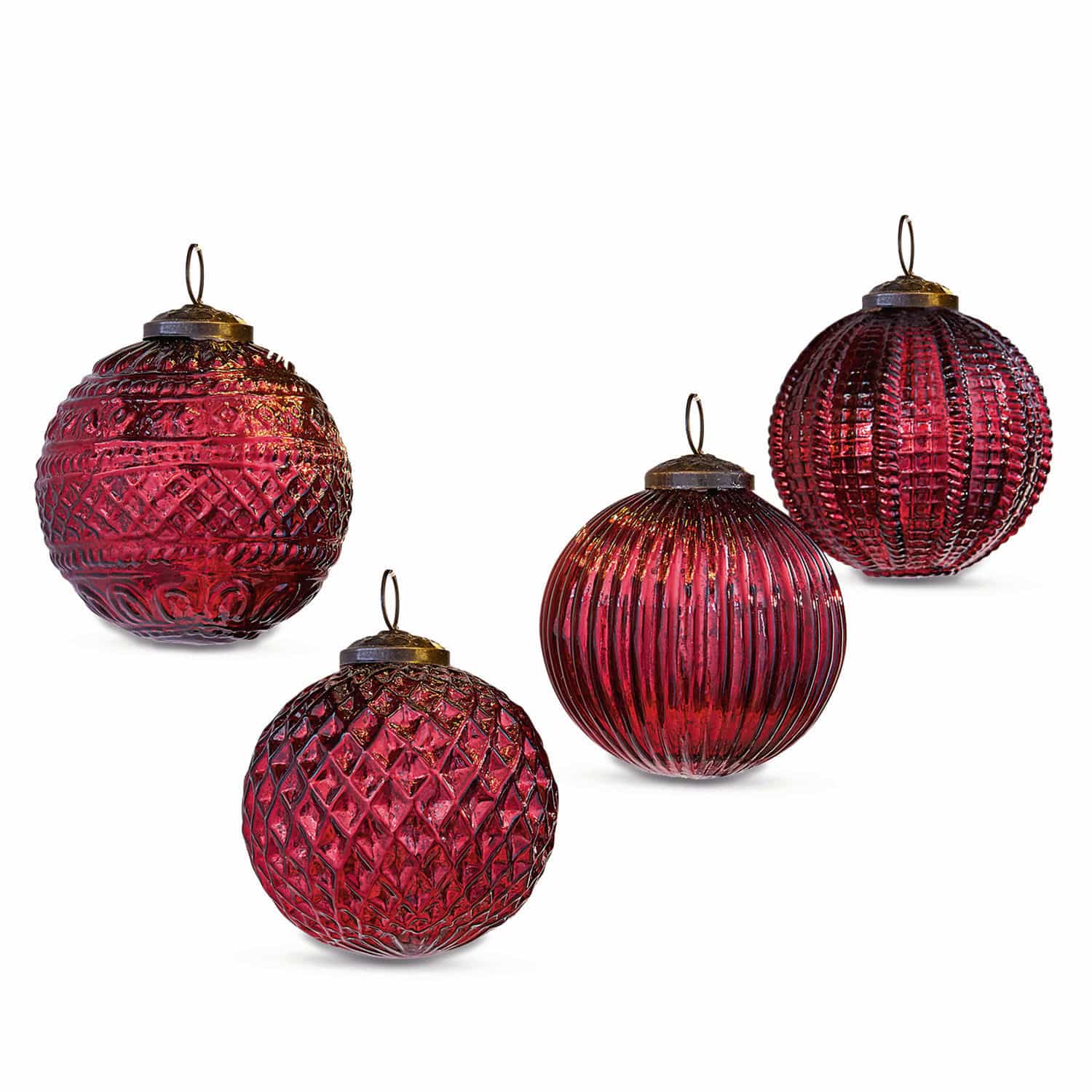 Kerstversiering set van 4 Ringas Vier rode glazen kerstballen met verschillende texturen en metalen haken