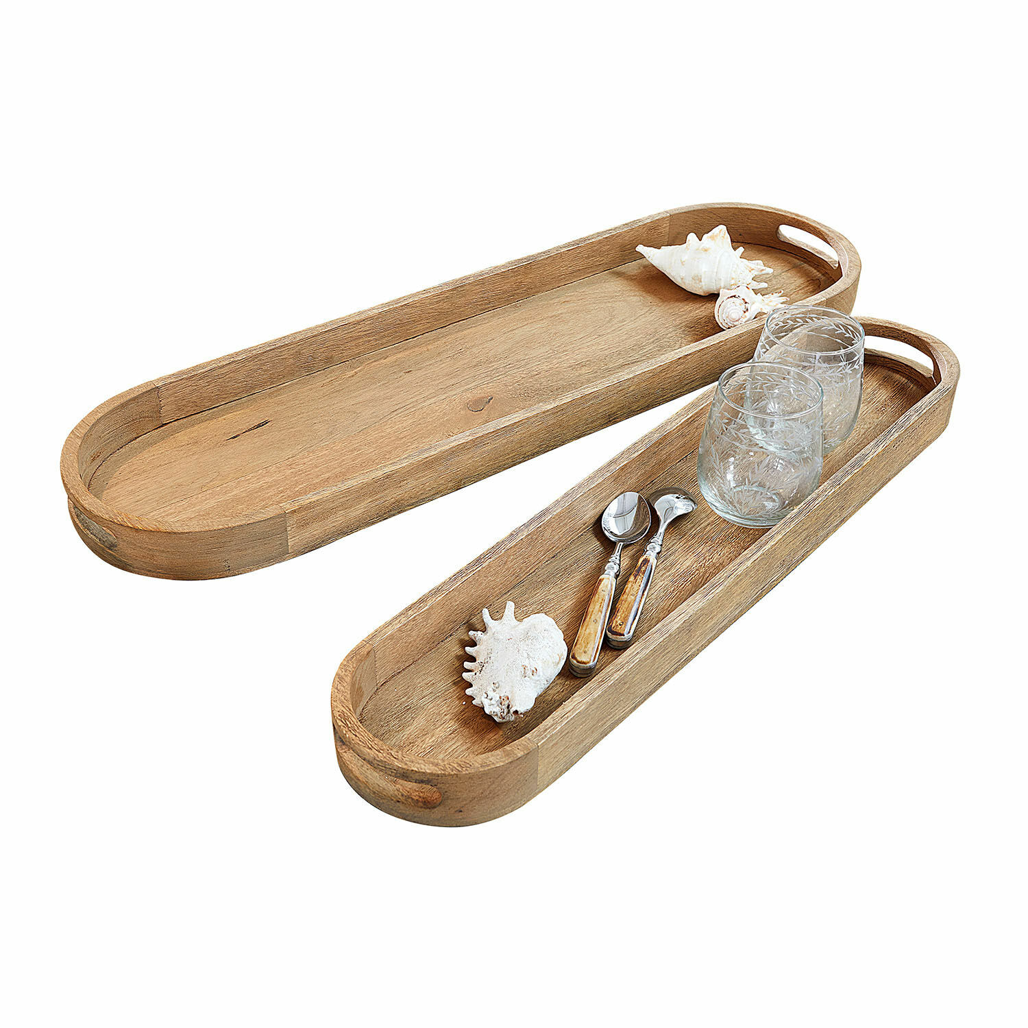 Dienblad set van 2 Zephyria Twee langwerpige dienbladen van natuurlijk mangohout voor het serveren van drankjes en snacks