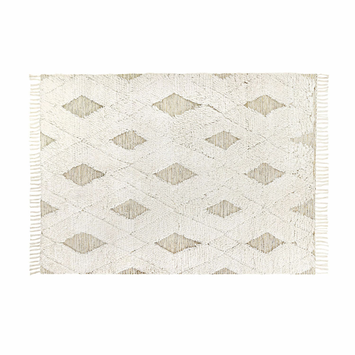 Tapis d’intérieur et d’extérieur Meagan Tapis en coton blanc avec motif géométrique et franges, décoration intérieure douce et élégante