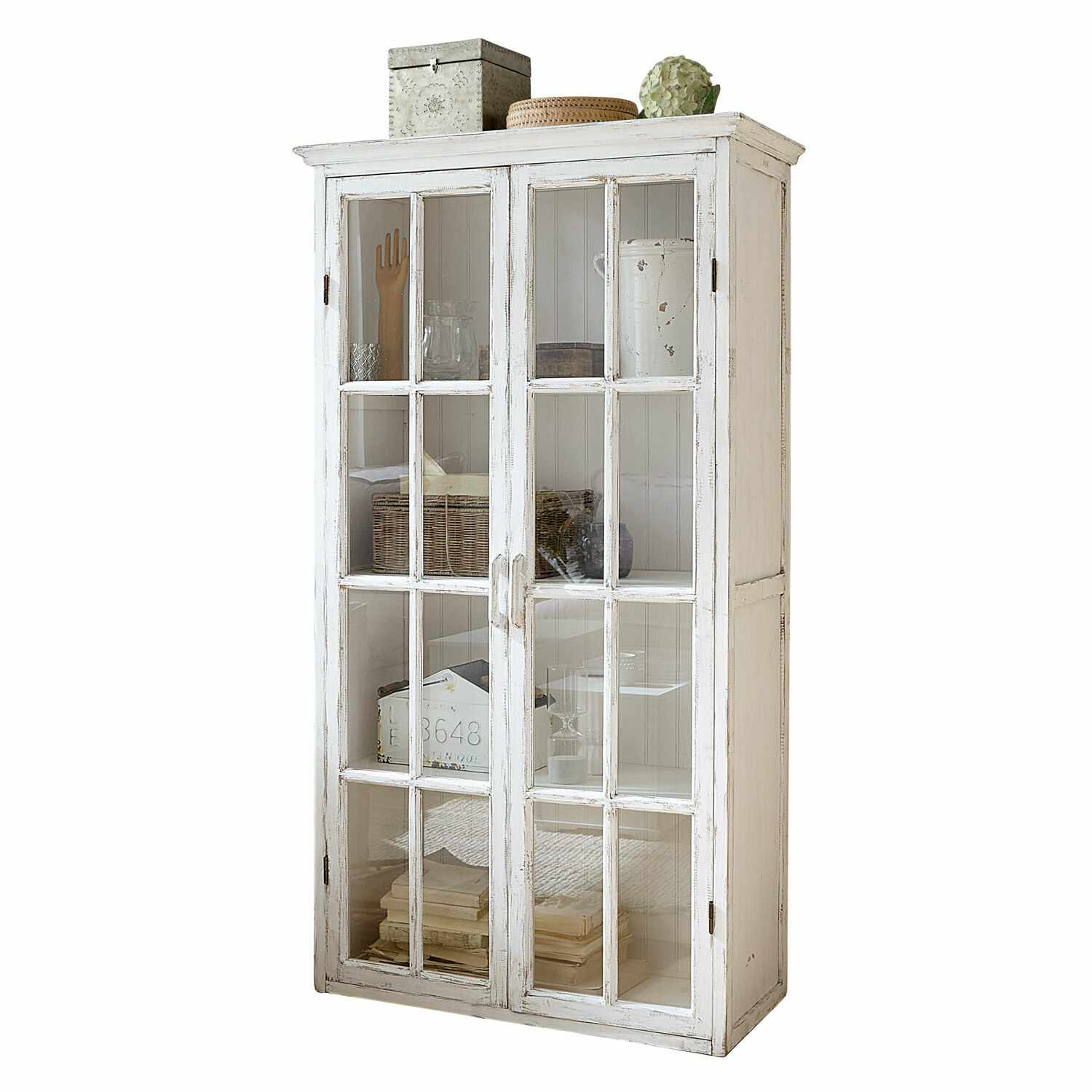 antiekwit Antiek wit houten kast Keanu met glazen deuren voor het opbergen van decoraties en boeken