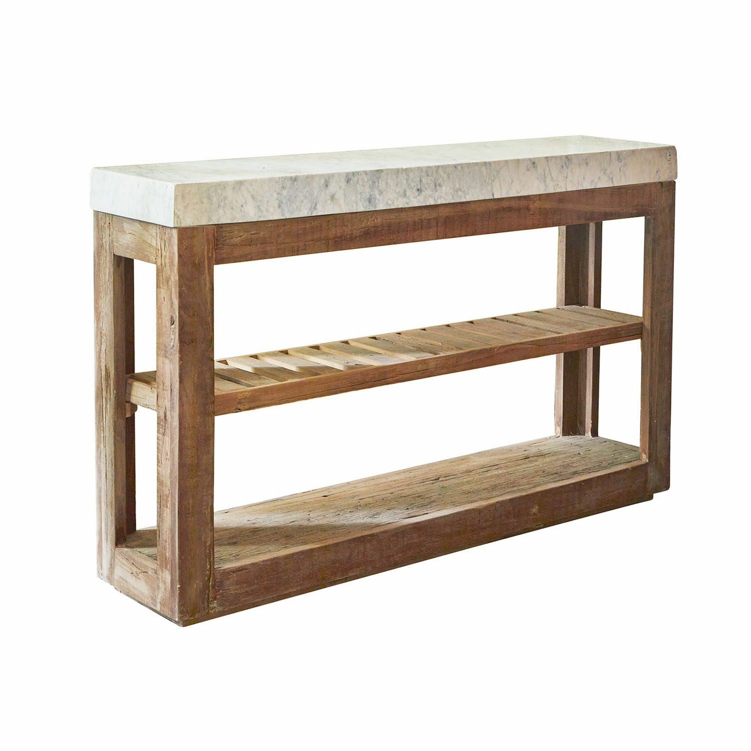 Wandtafel Tresienne Consoletafel met wit marmeren blad en natuurlijk houten frame, stijlvolle woonkamermeubel