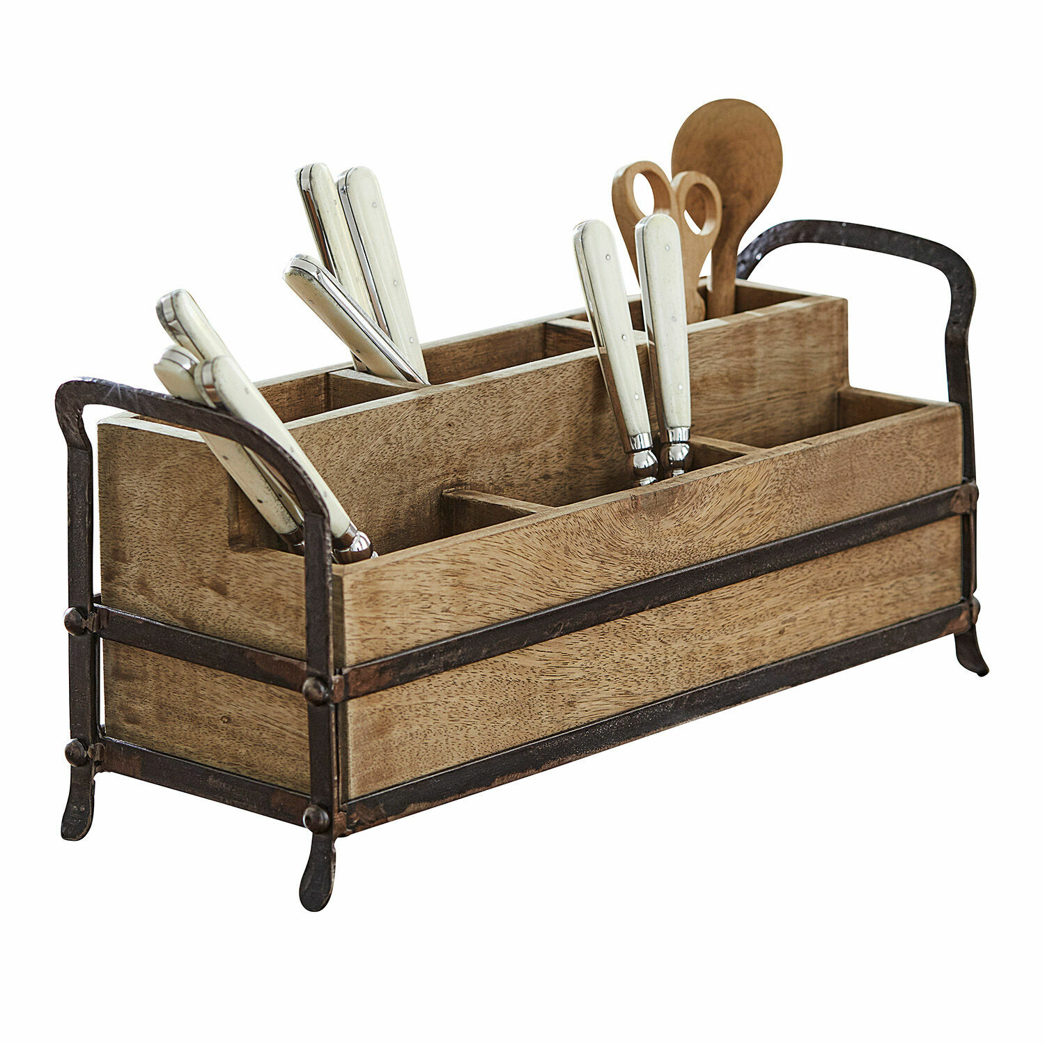 Rangement Troyes Organisateur de cuisine en bois avec poignées en métal et couverts blancs, rangement pratique pour ustensiles