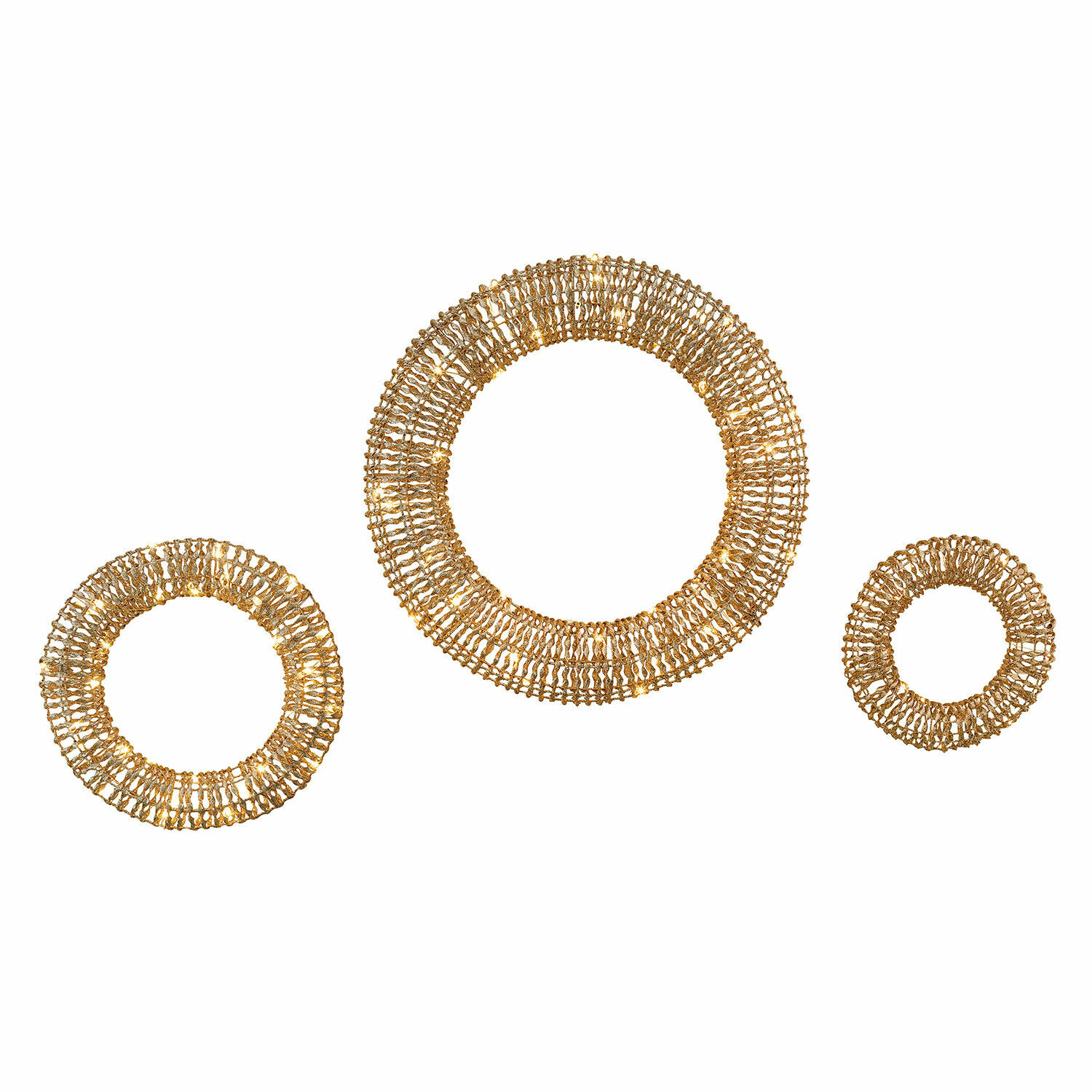 Ledkrans set van 3 Antorino Set van drie ronde wanddecoraties van natuurlijk gouden rotan voor een stijlvolle woonkamer
