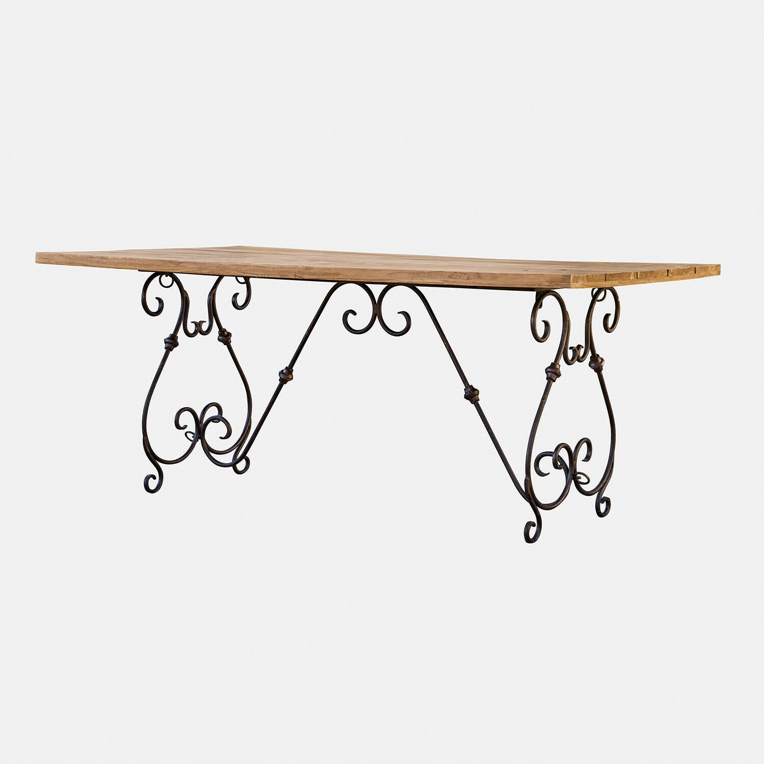 Table avec plateau en bois clair et pieds en métal noir décoratif, meuble de salle à manger