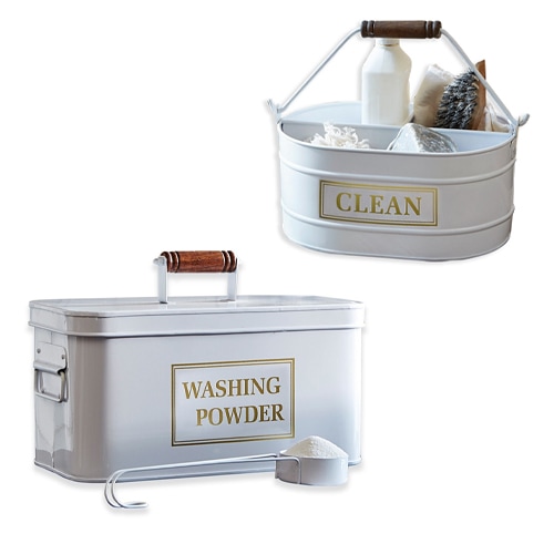 Boîte blanche en métal pour poudre à laver et panier de rangement avec poignée en bois, accessoires de nettoyage