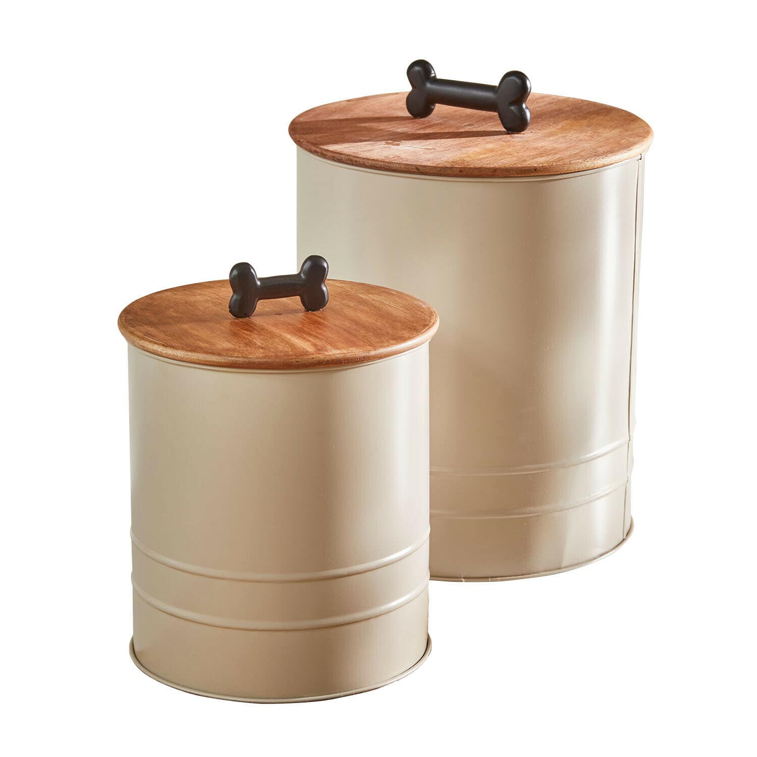 Lot de 2 pots Esteluna Ensemble de deux boîtes en métal beige avec couvercles en bois et poignées en forme d'os