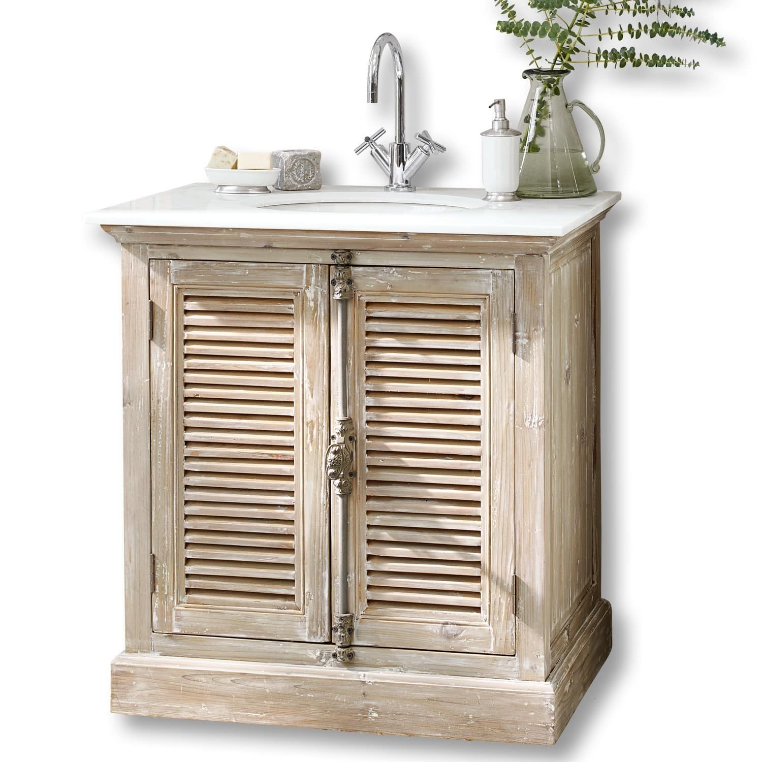 Wastafelmeubel Cuthbert Rustieke houten badkamerkast met wit marmeren blad en chromen kraan