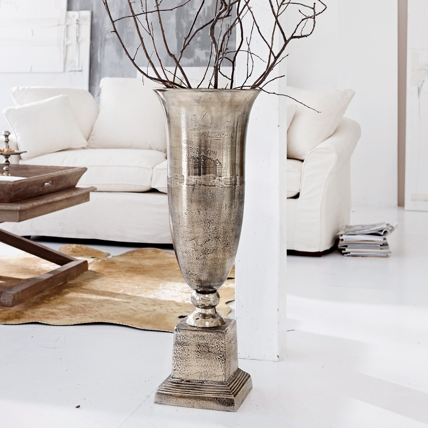 Vaas Belfort Hoge zilverkleurige metalen vaas met takken, decoratief voor moderne woonkamer