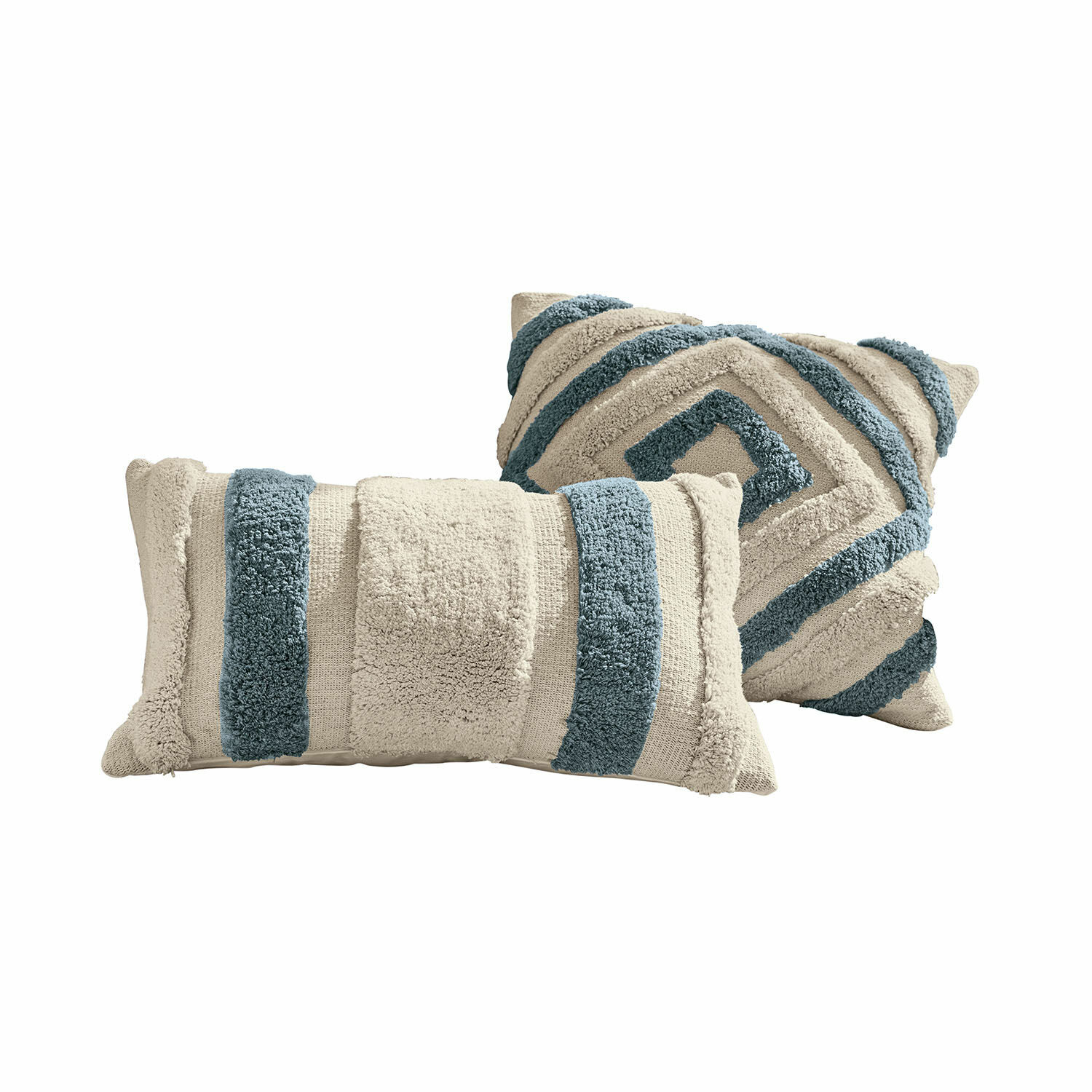 Kussenhoes set van 2 Melyn Set van twee decoratieve katoenen kussens in crème en blauw met geometrisch patroon
