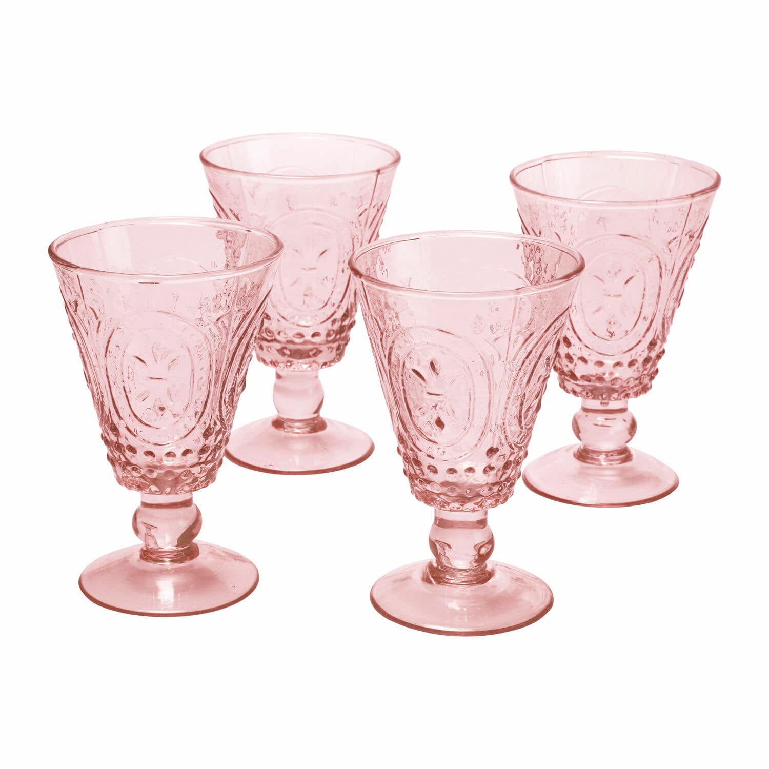 Lot de 4 verres à vin Sarton Ensemble de quatre verres roses en verre transparent avec motif décoratif pour boissons