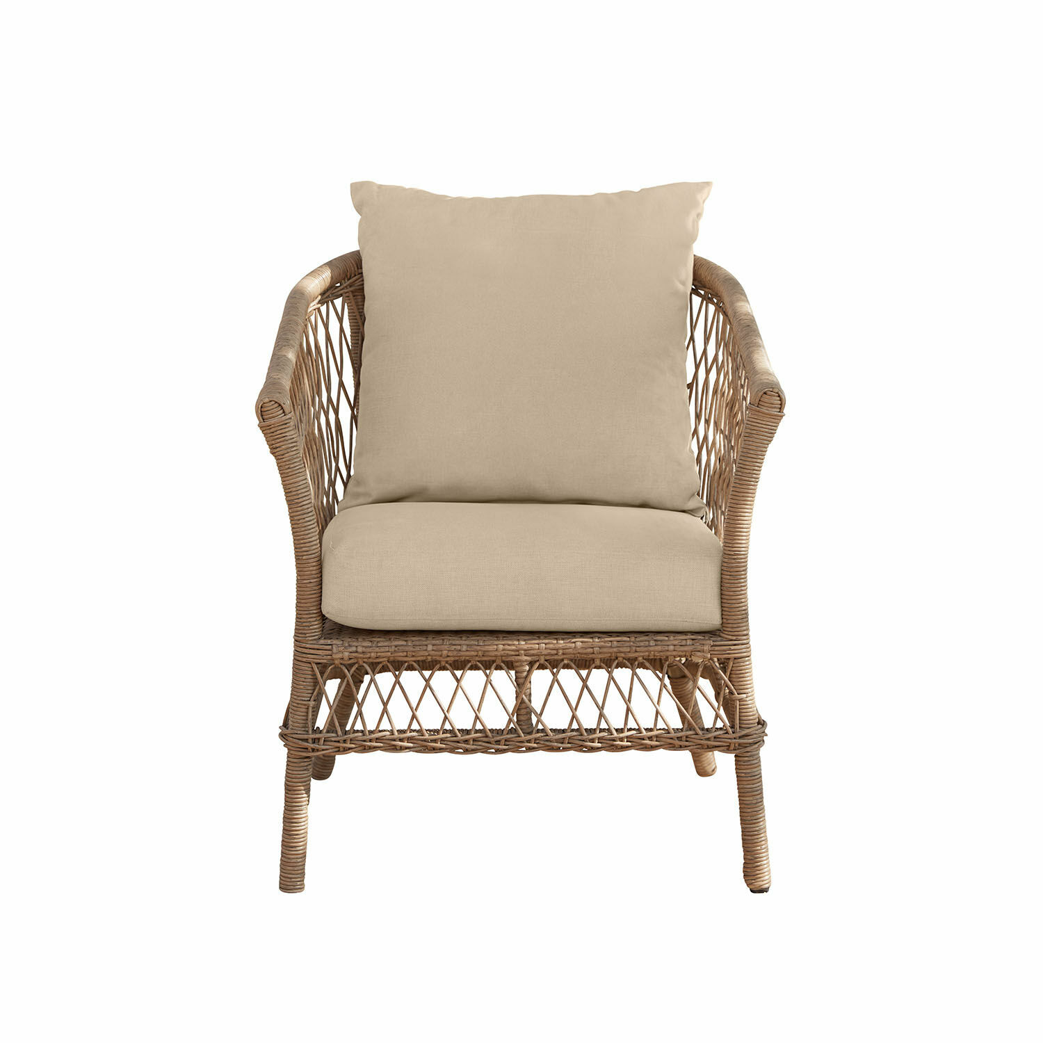 Fauteuil Farington Rotan stoel met beige kussens, natuurlijk materiaal, ideaal voor woonkamer en tuin