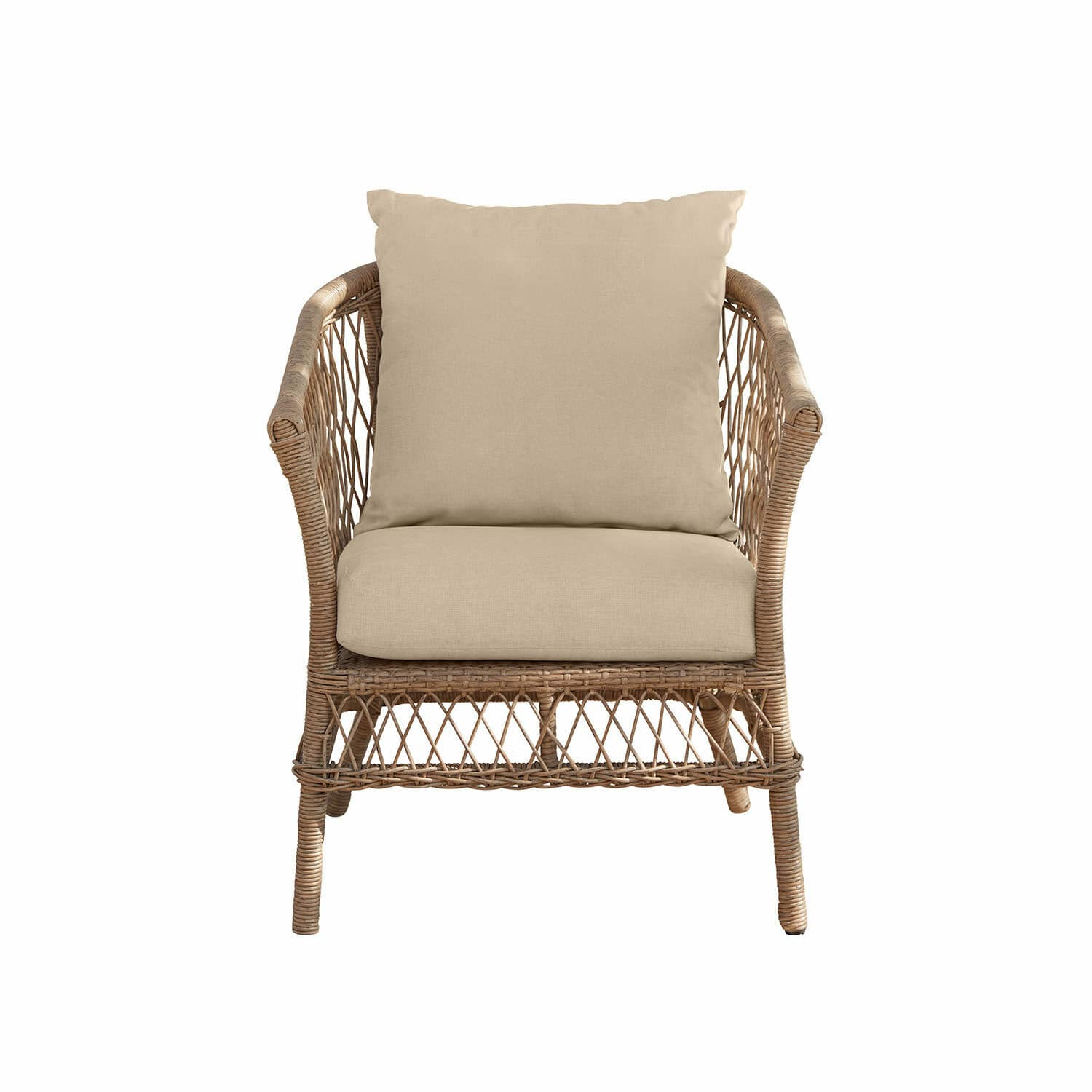Fauteuil Farington Rotan stoel met beige kussens, natuurlijk materiaal, ideaal voor woonkamer en tuin
