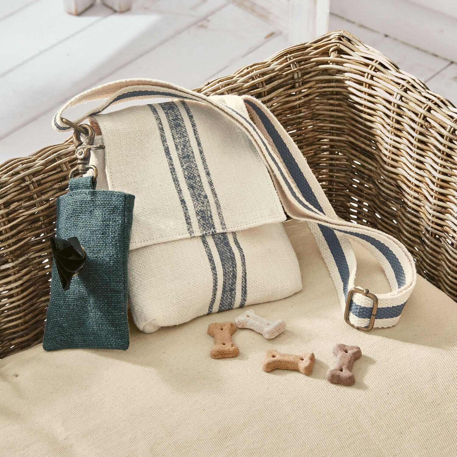 Lot de 2 pochettes Pawera Sac en coton beige avec bandes bleues et étui pour sacs à friandises pour chien