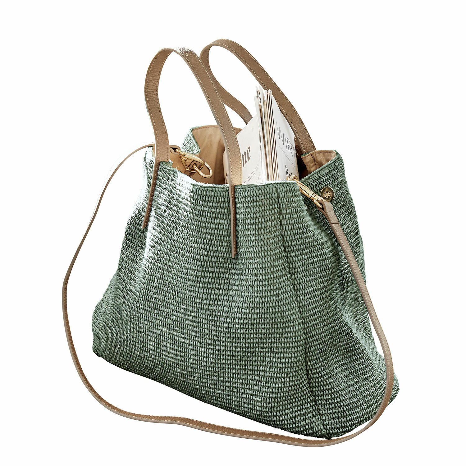 groen Groene tas van geweven materiaal met beige handvatten en schouderriem, ruim en stijlvol