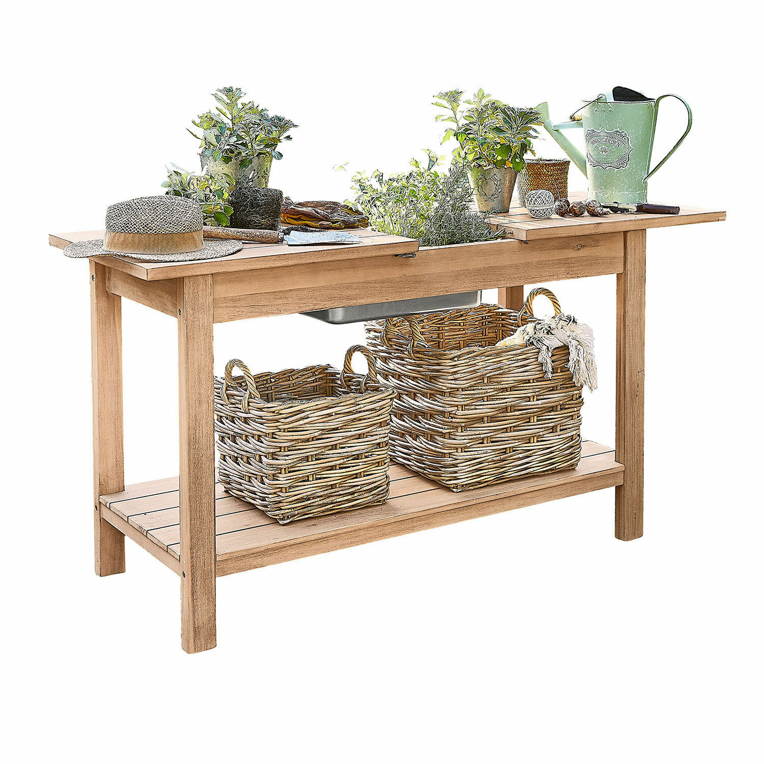 Plantentafel FSC®-100% Venzone Houten tuintafel met rieten manden en groene planten, voorzien van tuingereedschap