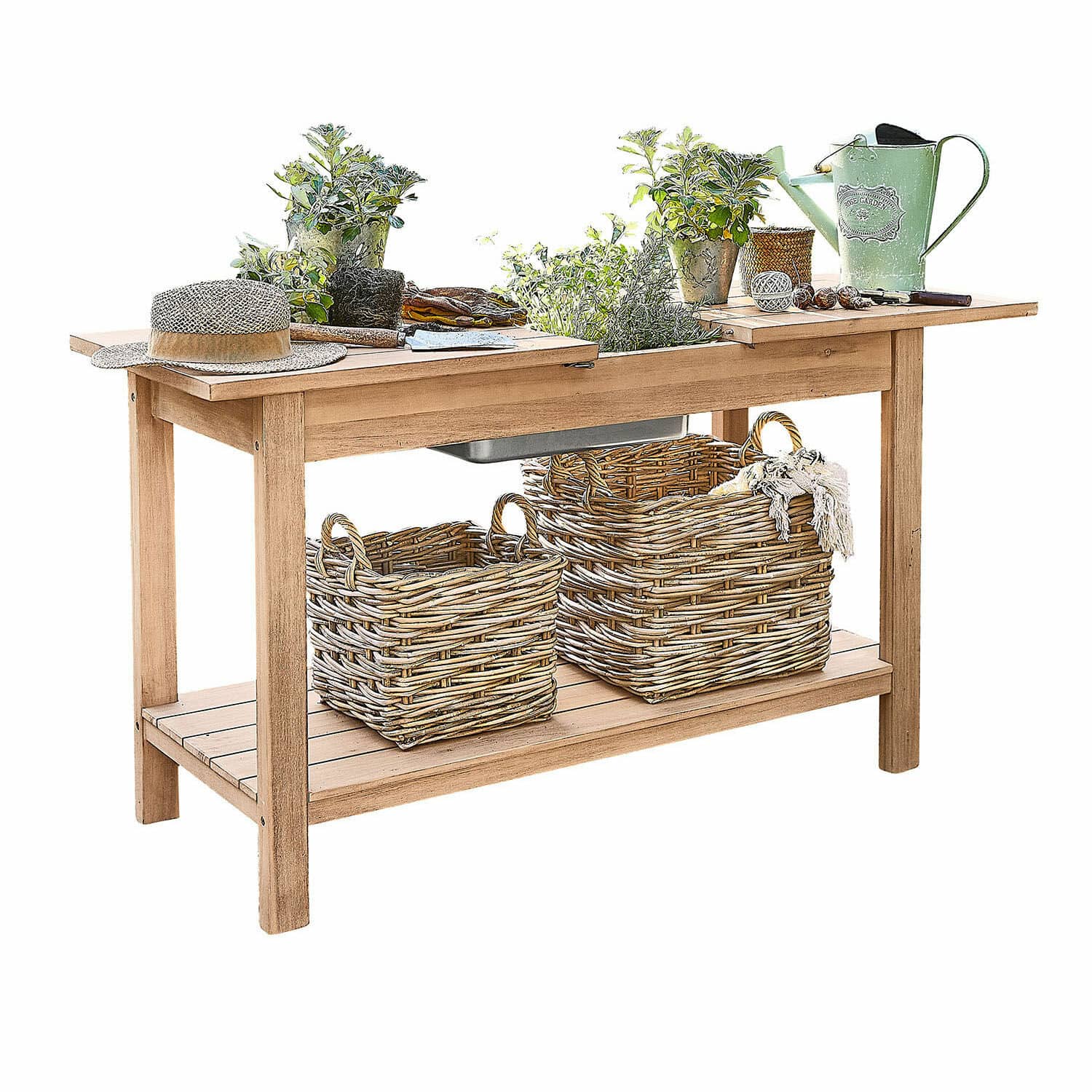 Table de rempotage FSC®-100% Venzone Table de jardin en bois avec paniers en osier et plantes vertes, équipée d'outils de jardinage