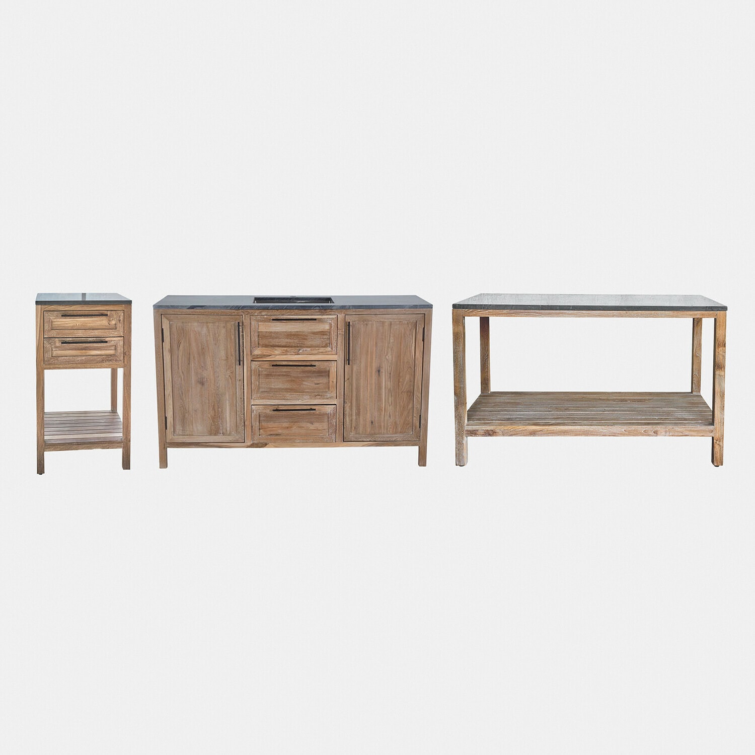 Buitenkeuken set van 3 Corviano Badmeubelset van teakhout met stenen blad, natuurlijke kleur, praktische kasten en planken