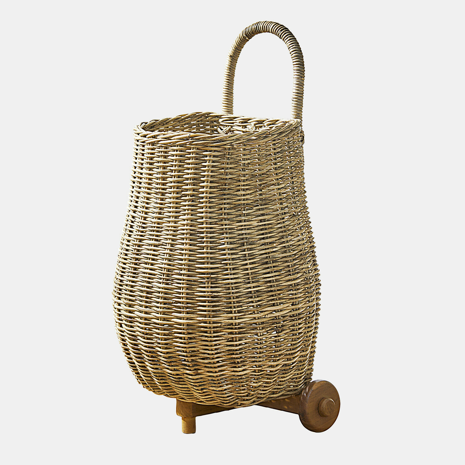 Boodschappentrolley voor kinderen Tinytreasure Natuurlijke rieten mand met houten handvat en wielen, praktische opbergmand in natuurlijke kleur