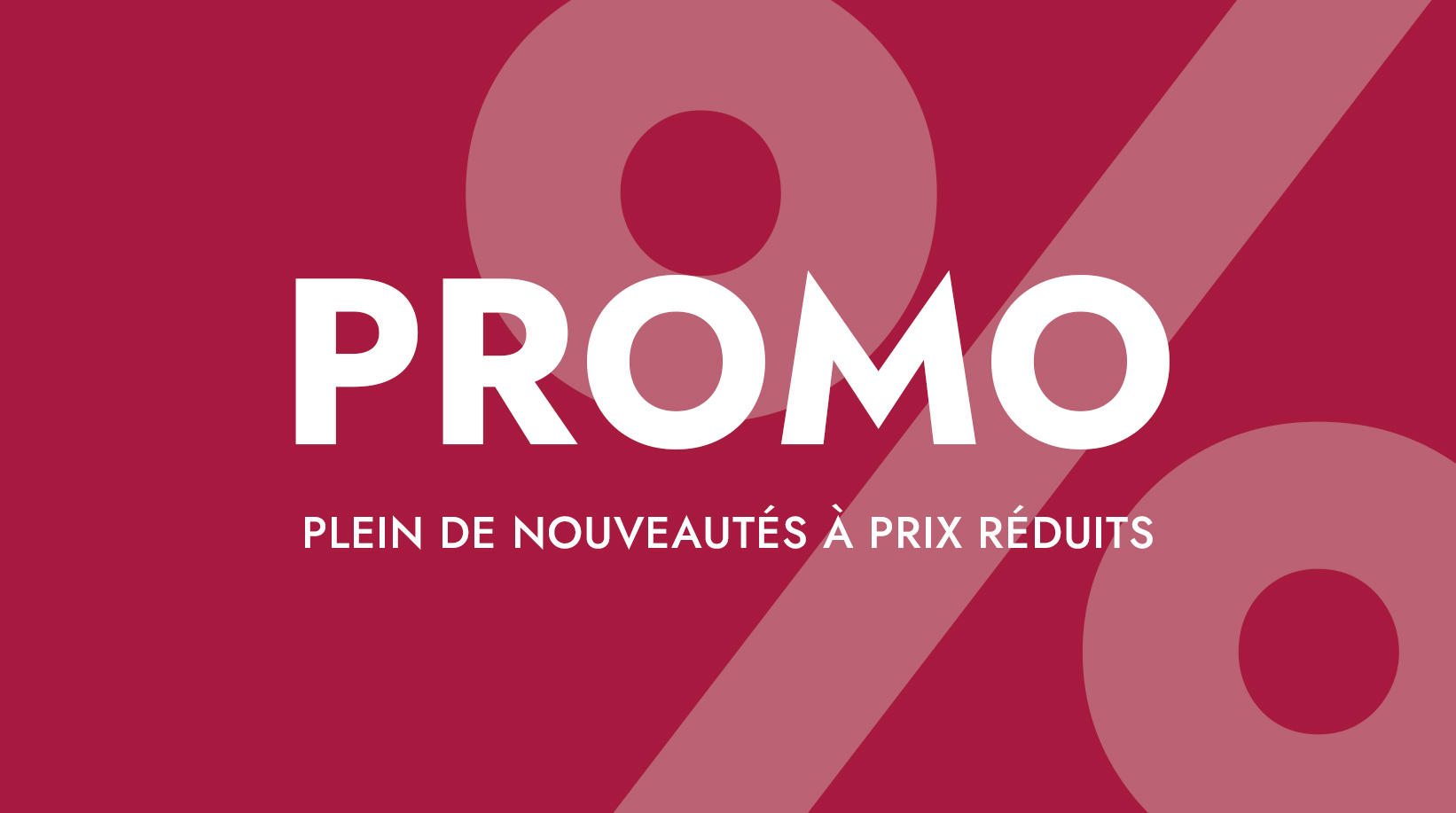 Fond rouge avec texte PROMO et message sur nouveautés à prix réduits