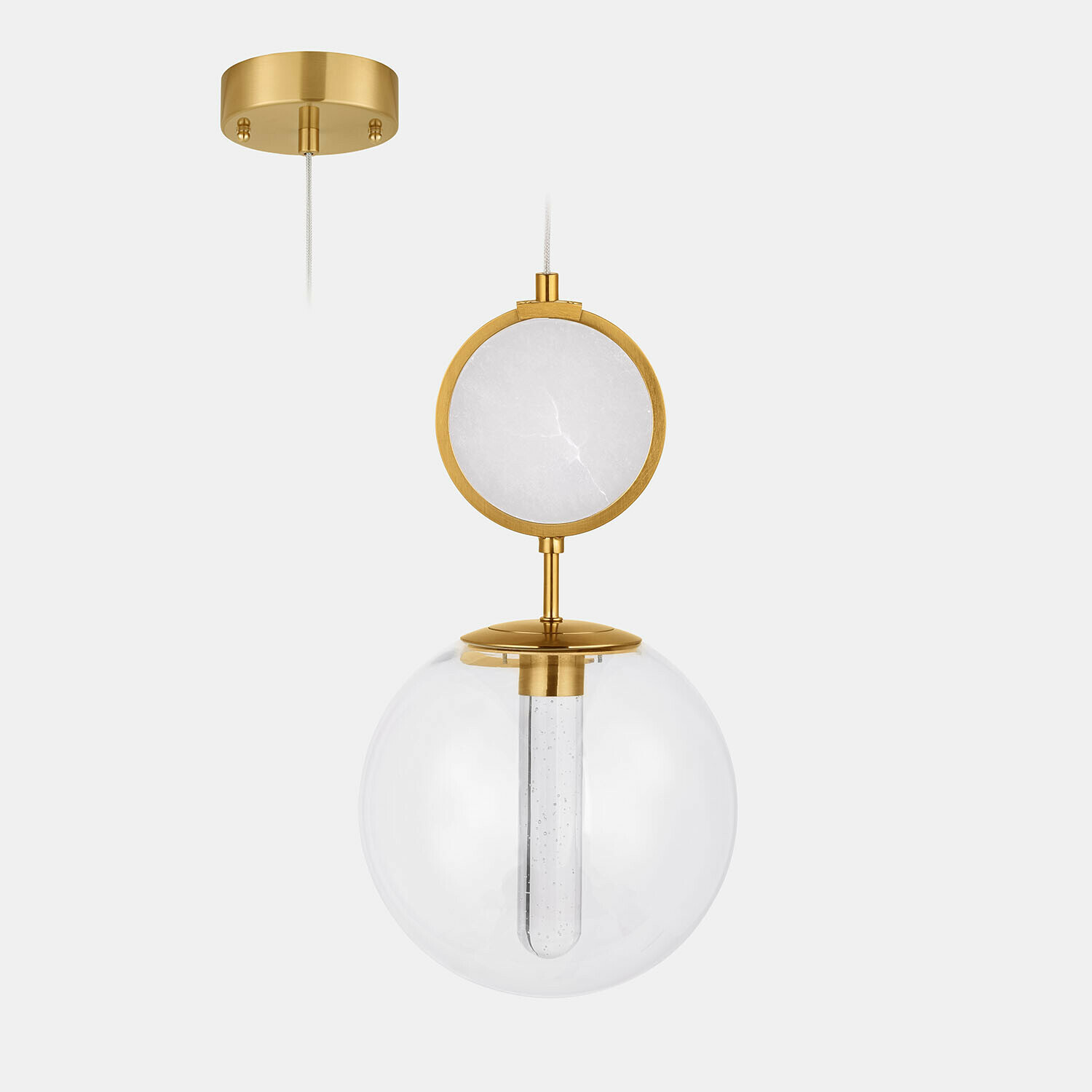 Suspension dorée avec globe en verre transparent et détail en marbre blanc, éclairage moderne pour intérieur