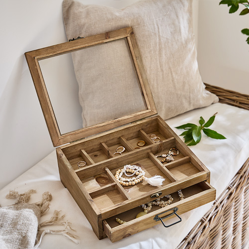 Houten sieradendoos met vakjes en lade, natuurlijke kleur, organizer voor ringen en armbanden