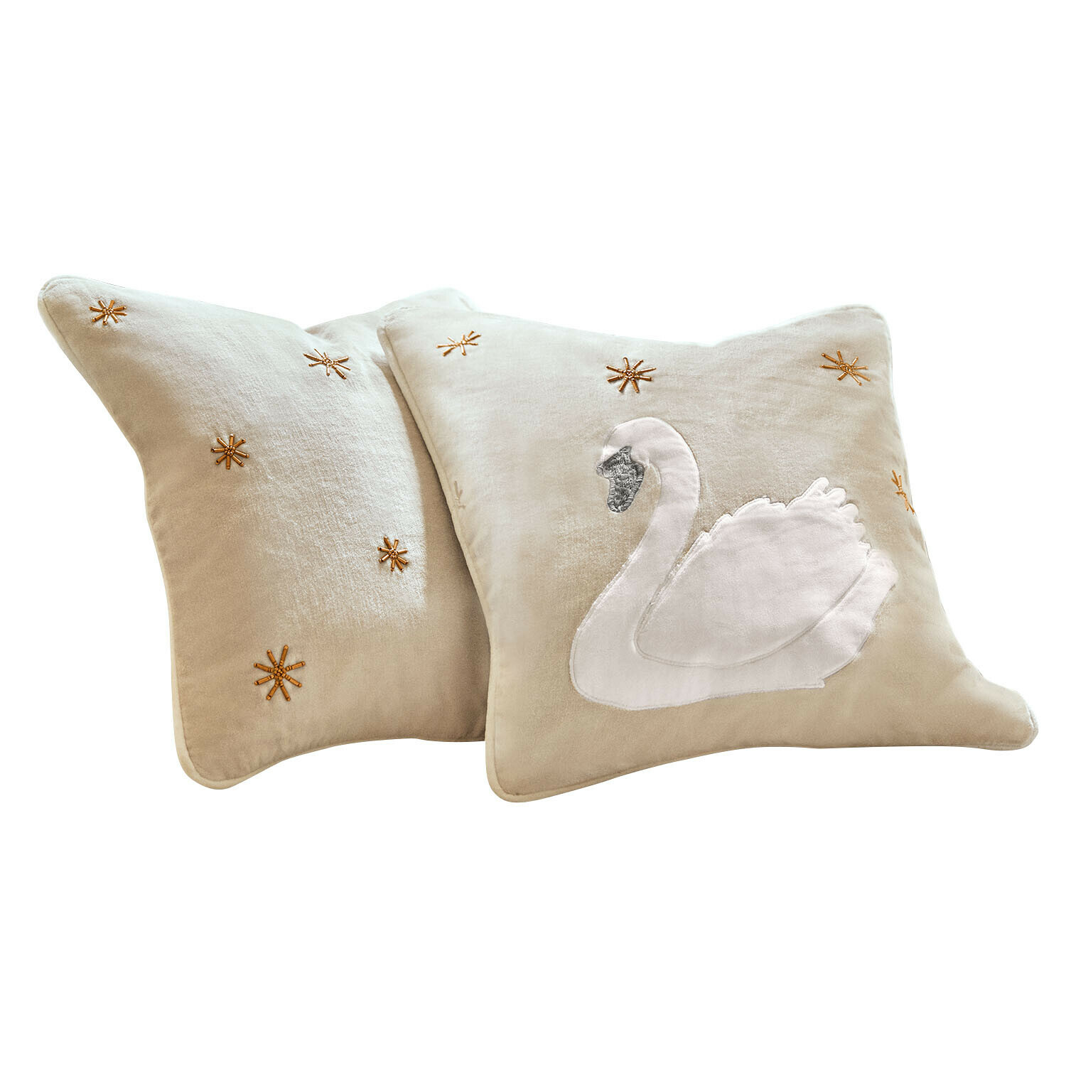 Lot de 2 housses de coussins Elarin Coussin décoratif beige avec cygne blanc brodé et étoiles dorées, tissu doux pour salon