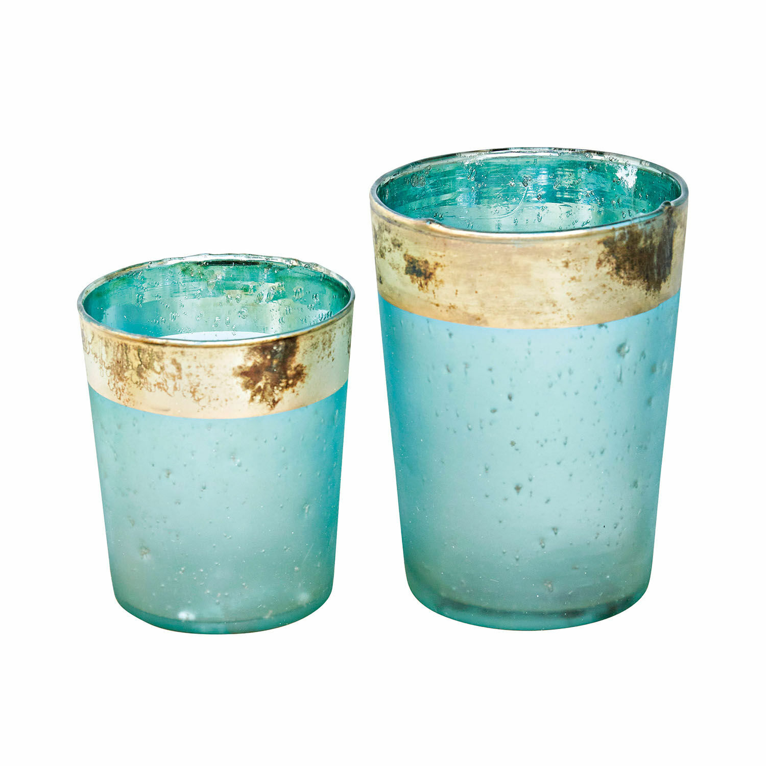 Windlicht set van 2 Ewena Set van twee blauwe glazen theelichthouders met gouden metalen rand, stijlvolle woondecoratie
