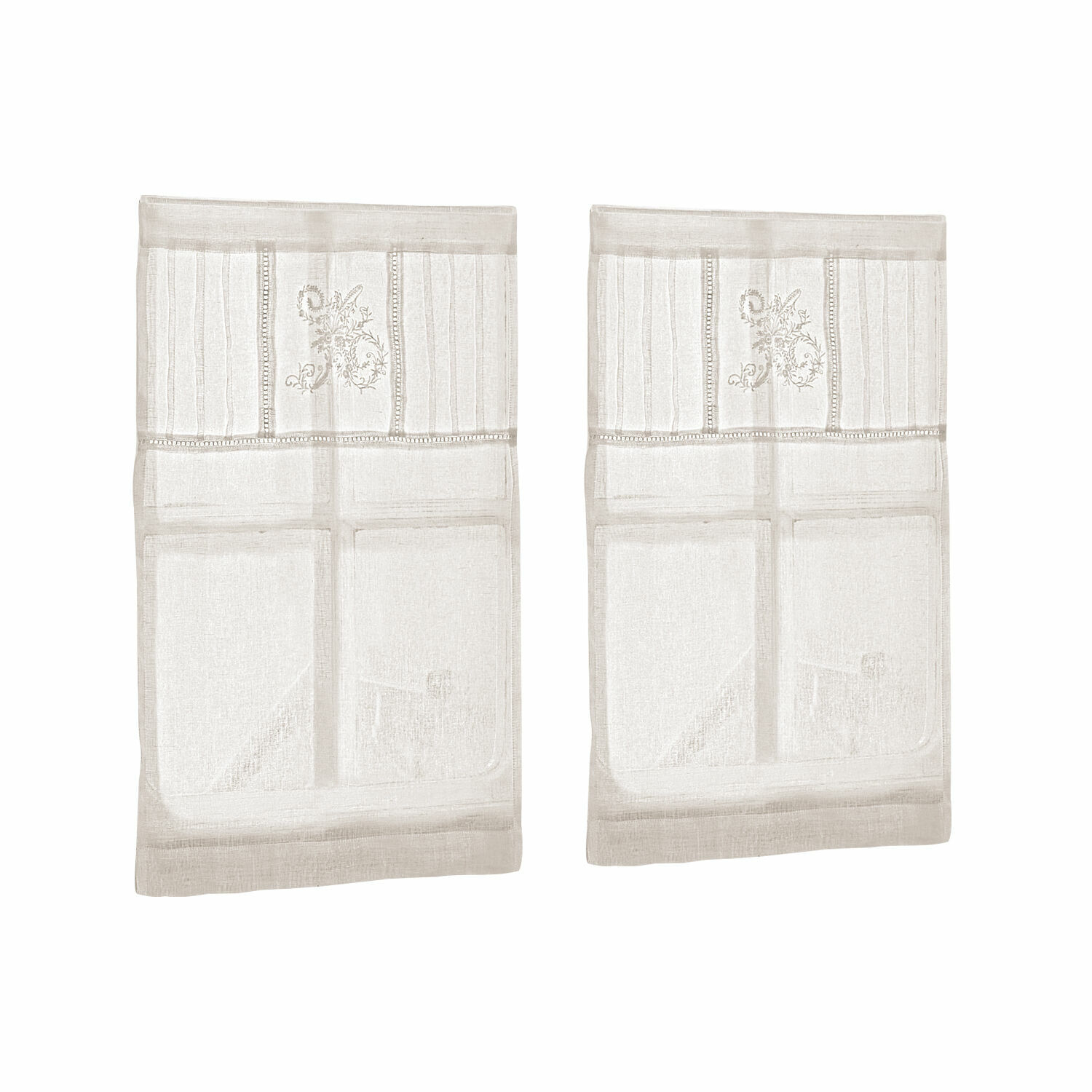 Vitrage set van 2 Mayenne Set van twee beige linnen gordijnen met geborduurd patroon, elegante raamdecoratie voor woonkamer