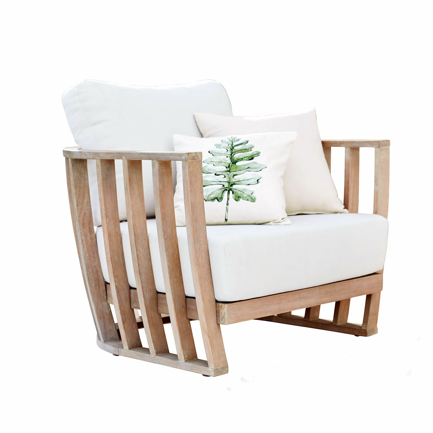 Fauteuil FSC®-100% Vézère Fauteuil en bois de teck avec coussins blancs, meuble moderne pour salon confortable