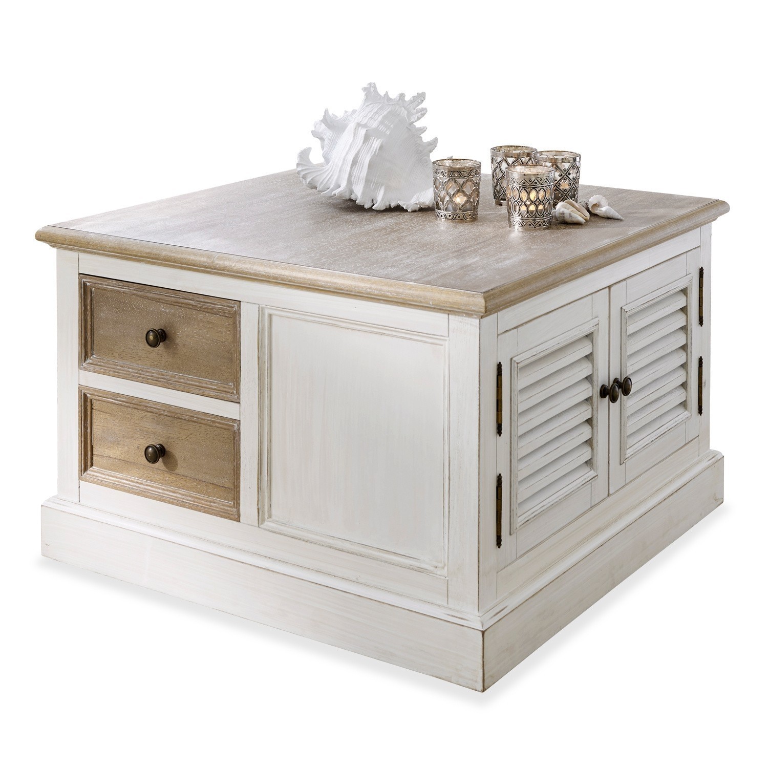 Salontafel Cloverport Vierkante salontafel van hout in wit en natuurlijke tinten met lades en decoraties bovenop