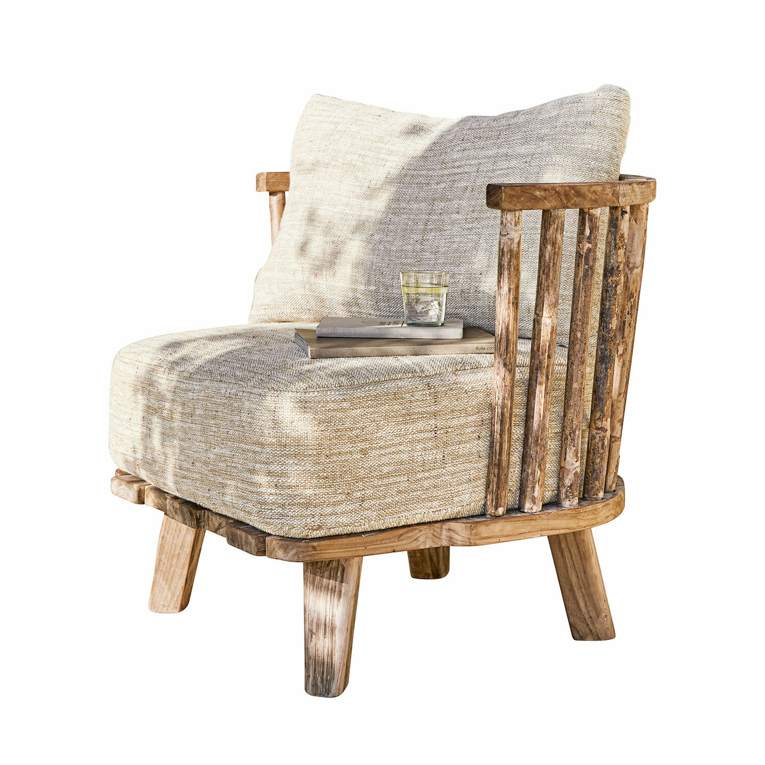 Fauteuil Bellville Fauteuil en bois naturel avec coussin beige, confortable pour salon moderne