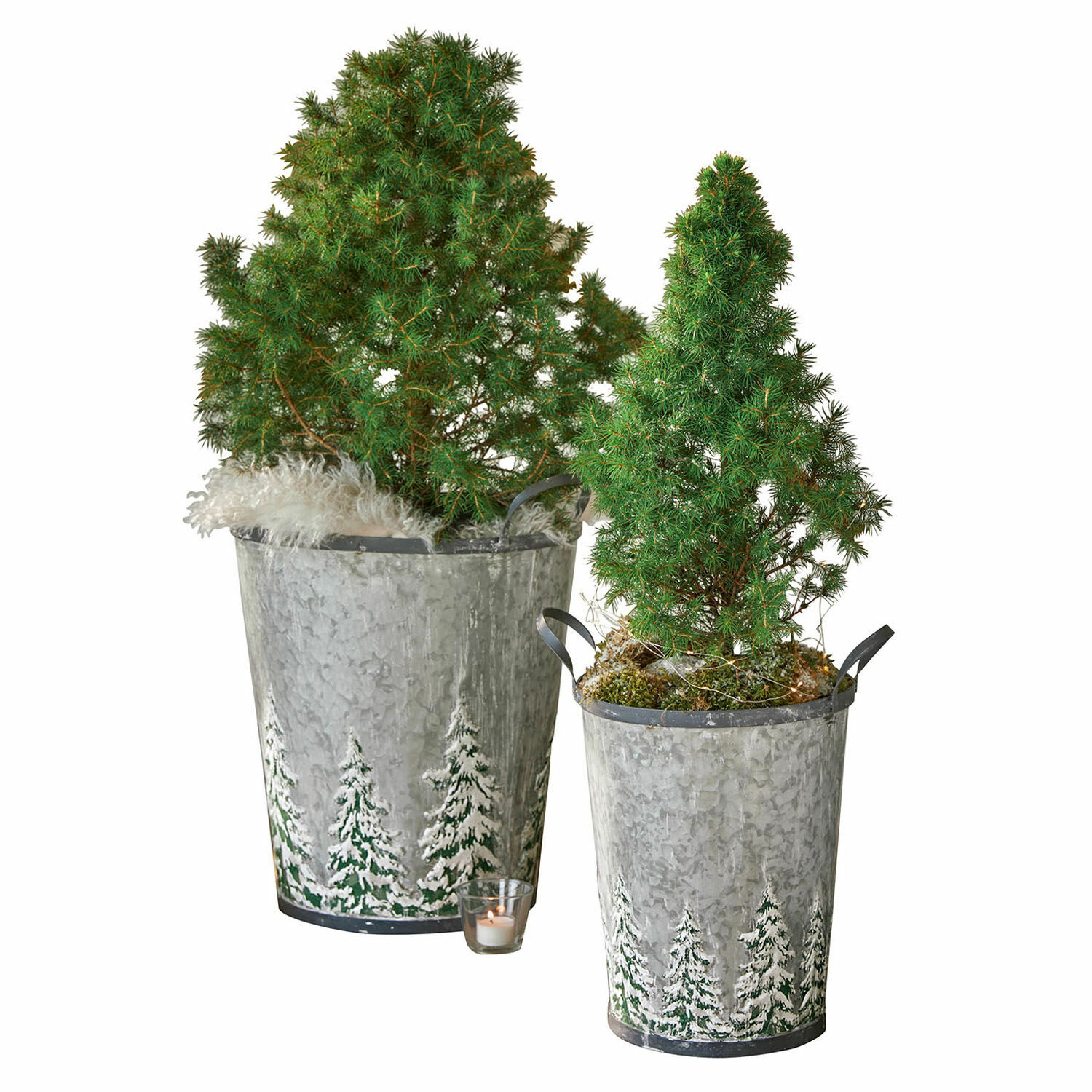 Emmer set van 2 Pavie Twee groene boompjes in metalen potten met sneeuwbedekt dennenmotief, kerstdecoratie