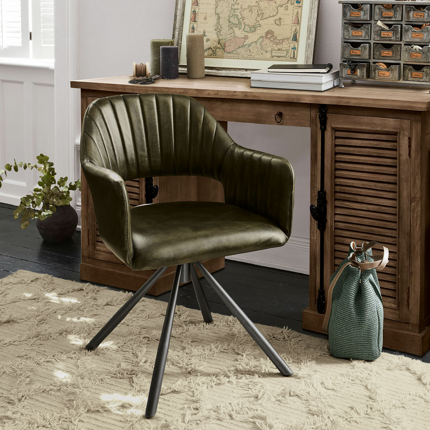 Chaise Murtagh Chaise pivotante en similicuir vert avec pieds en métal pour bureau au style vintage