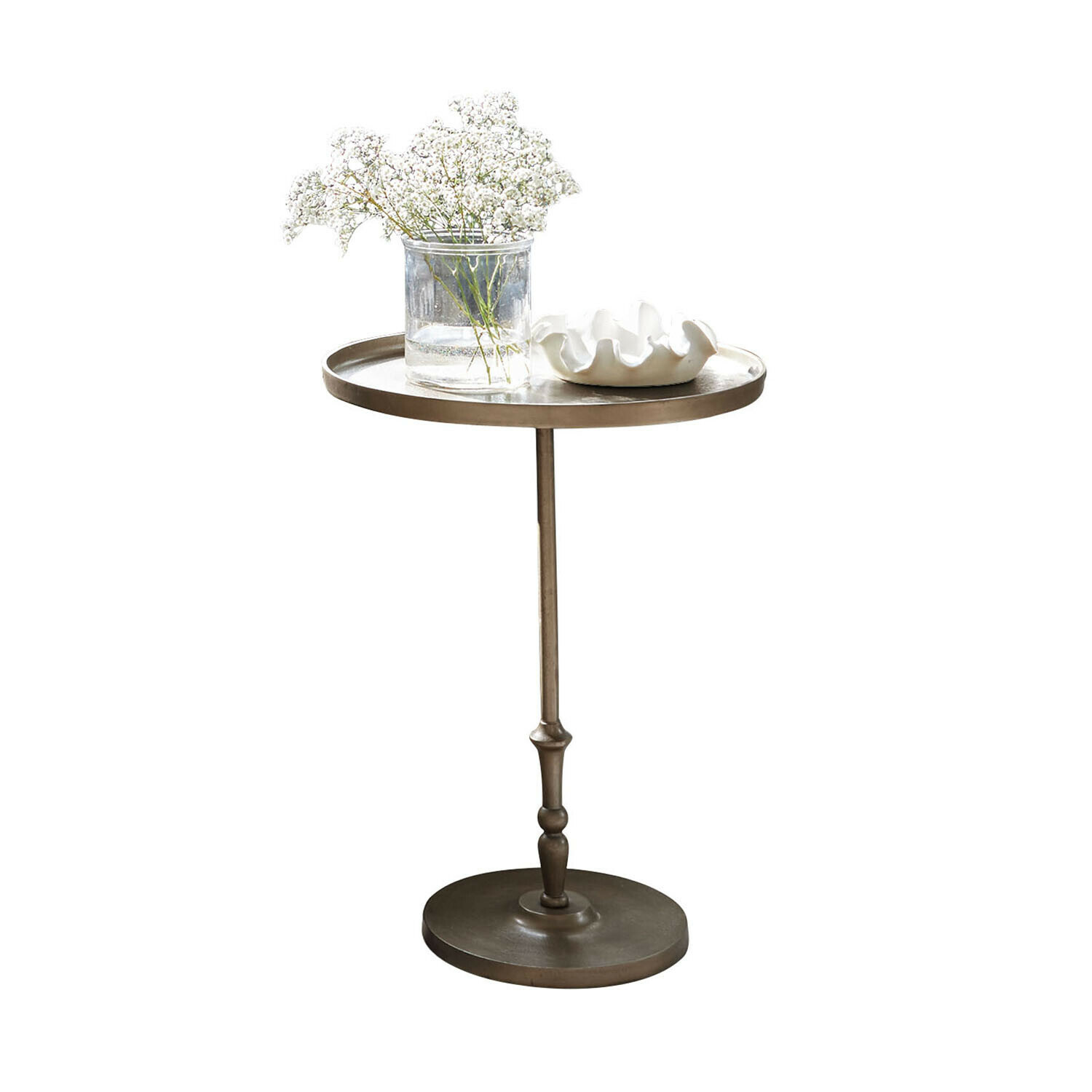 Table d"appoint Lucerine Table d'appoint en métal brun avec plateau rond et décoration florale blanche
