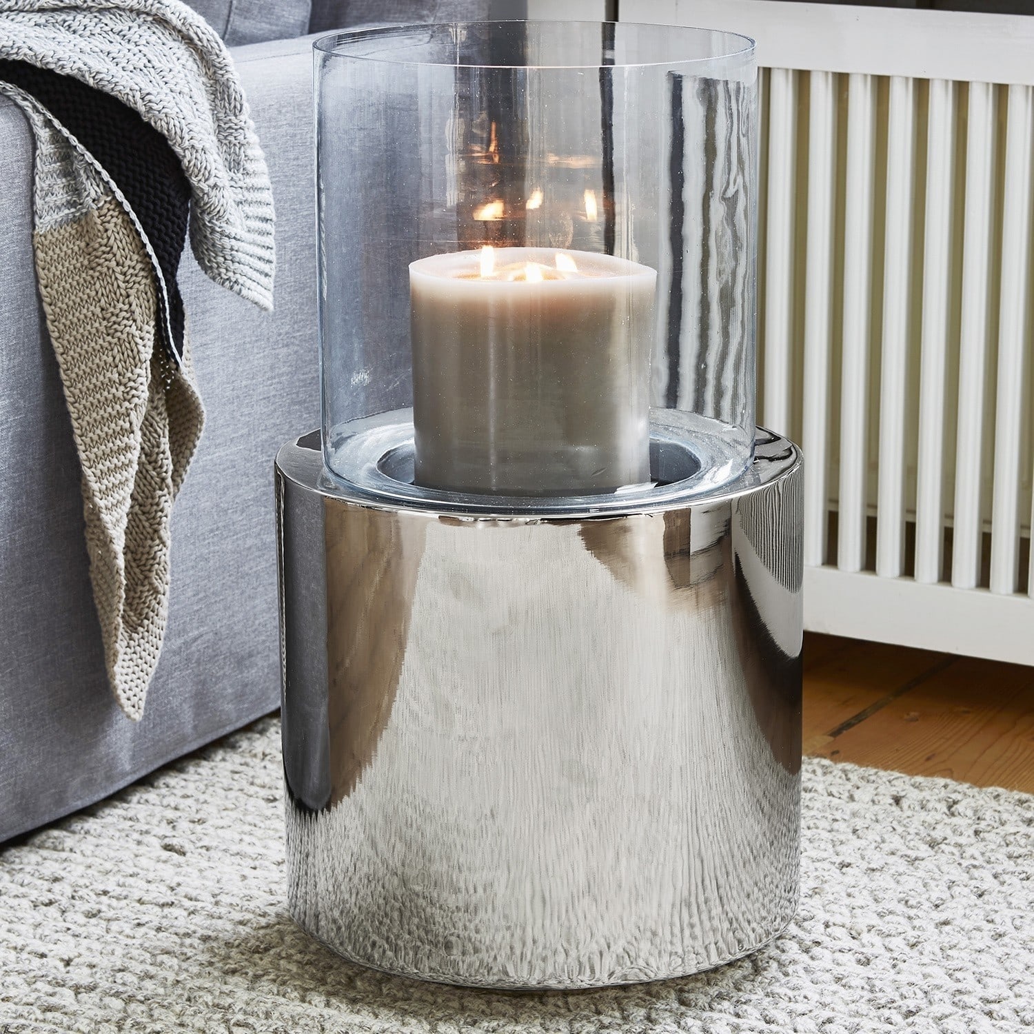 Windlicht Hanley Moderne kandelaar van roestvrij staal en glas met witte kaars, woondecoratie