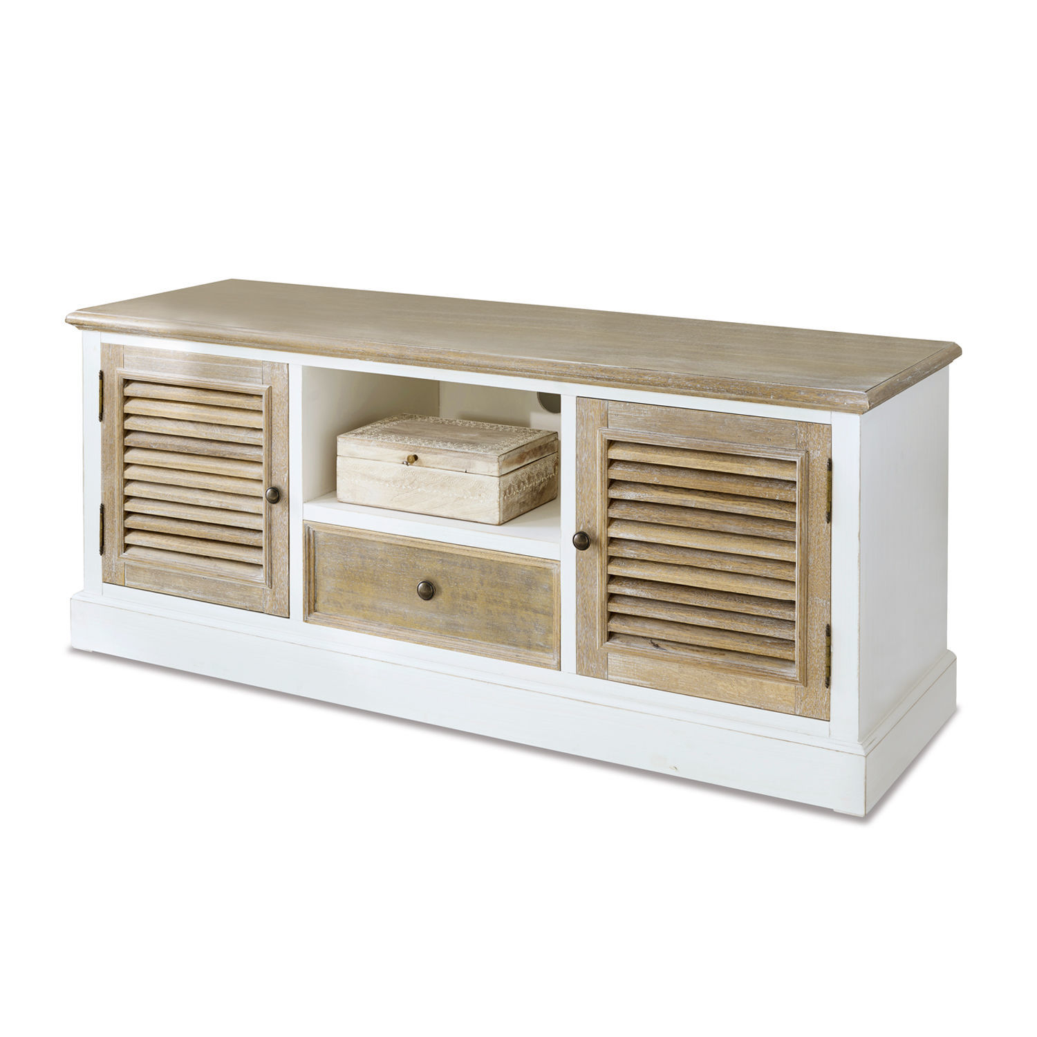 Meuble bas Glencoe Buffet en bois blanc et naturel avec tiroir et portes à persiennes, meuble de rangement élégant