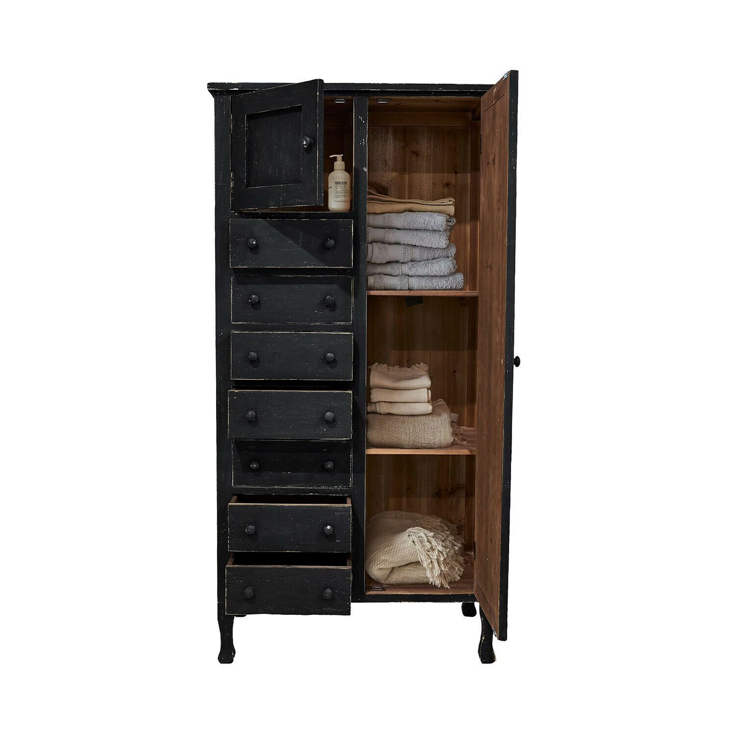 Kast Amourien Zwarte houten kast met lades en planken, gevouwen handdoeken en lotion, opbergmeubel
