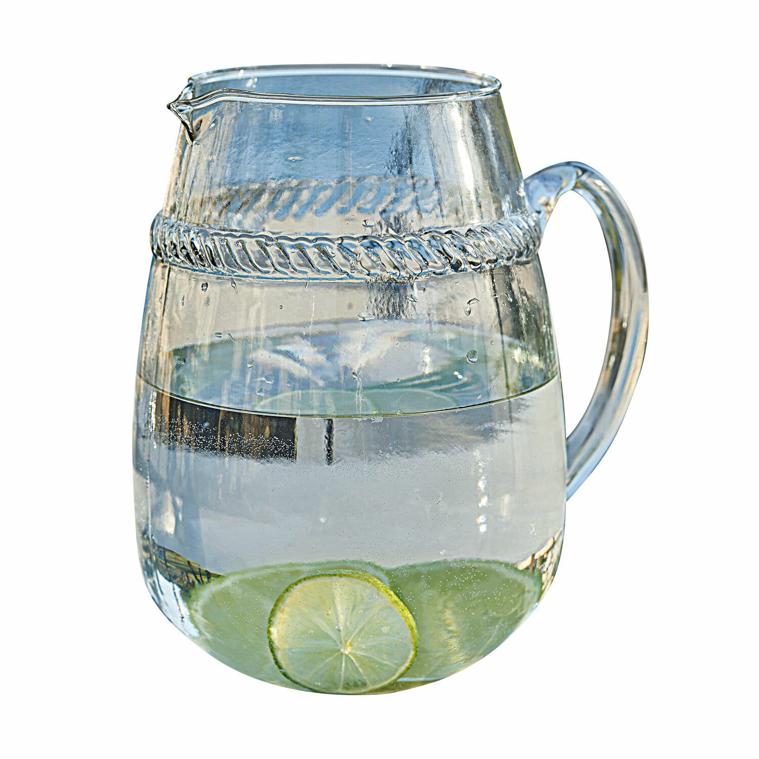 Kan Beiras Glazen kan met handvat en decoratief patroon, gevuld met water en schijfjes limoen